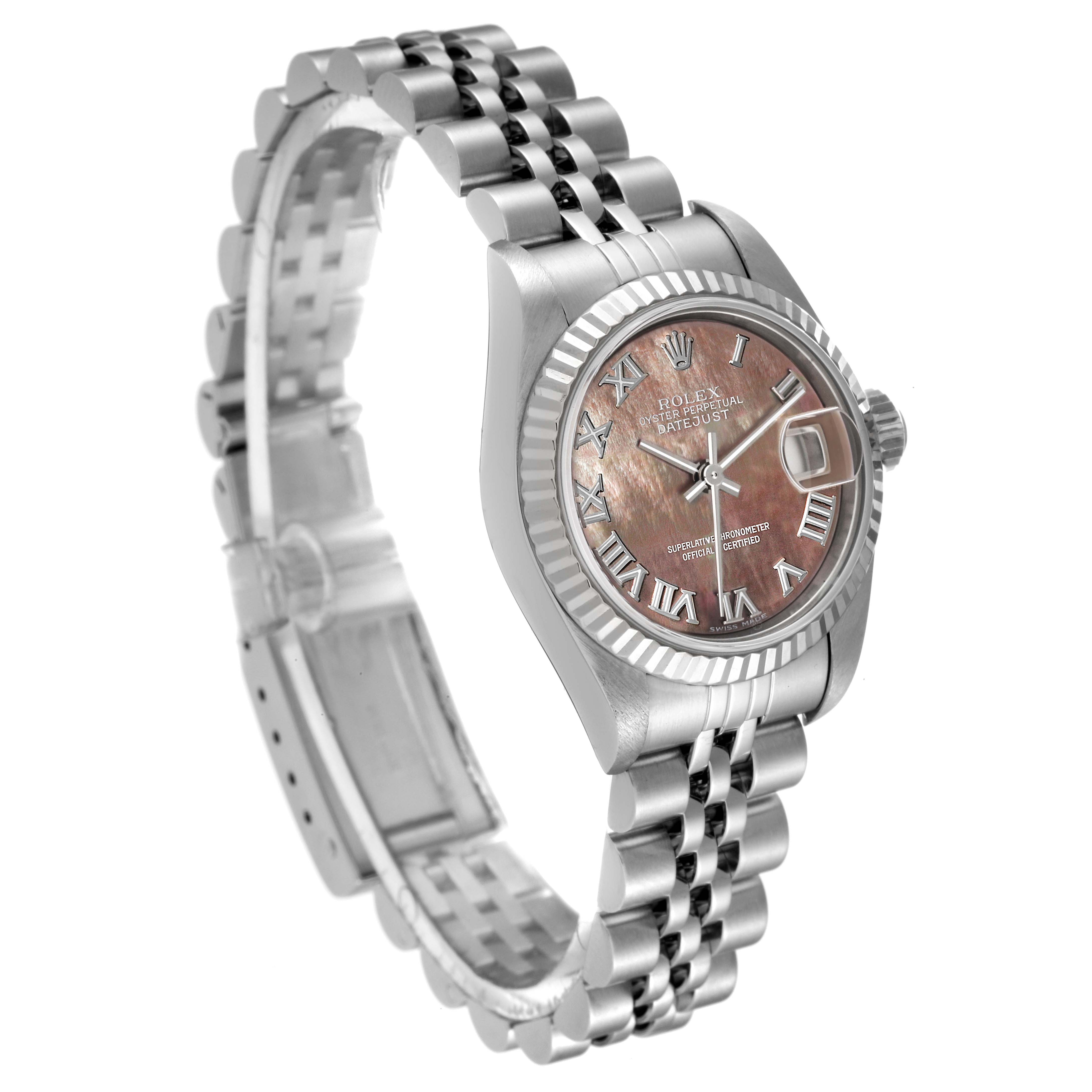 This image shows a side angle view of a Rolex Datejust 79174 Women's Stainless Steel Mother of Pearl Dial 79174 Women's Stainless Steel Mother of Pearl Dial watch, highlighting its face, bezel, and bracelet.