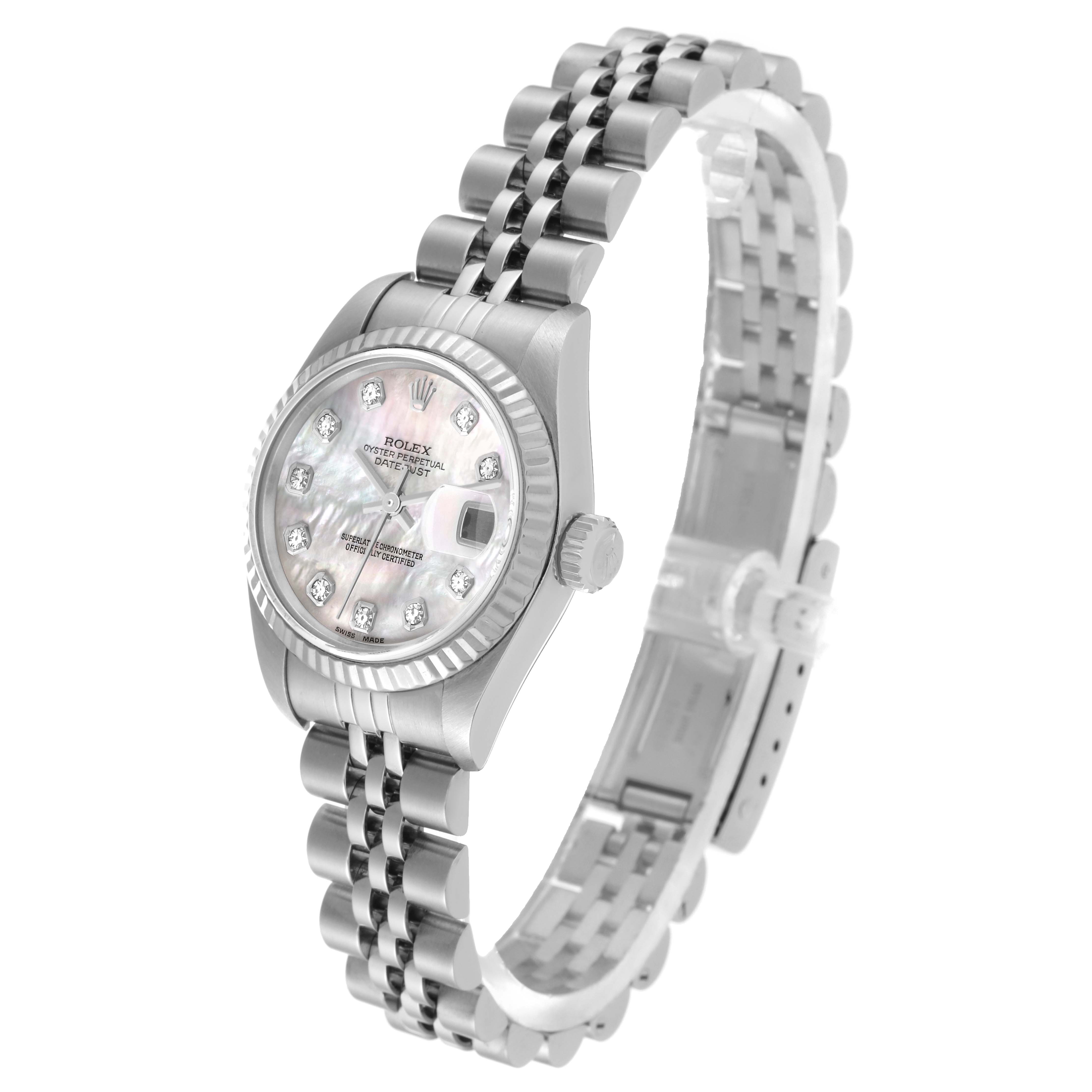 The image shows a side-angle view of a Rolex Datejust 79174 Women's Stainless Steel Mother of Pearl Dial 79174 Women's Stainless Steel Mother of Pearl Dial watch, highlighting the dial, case, crown, and Jubilee bracelet.