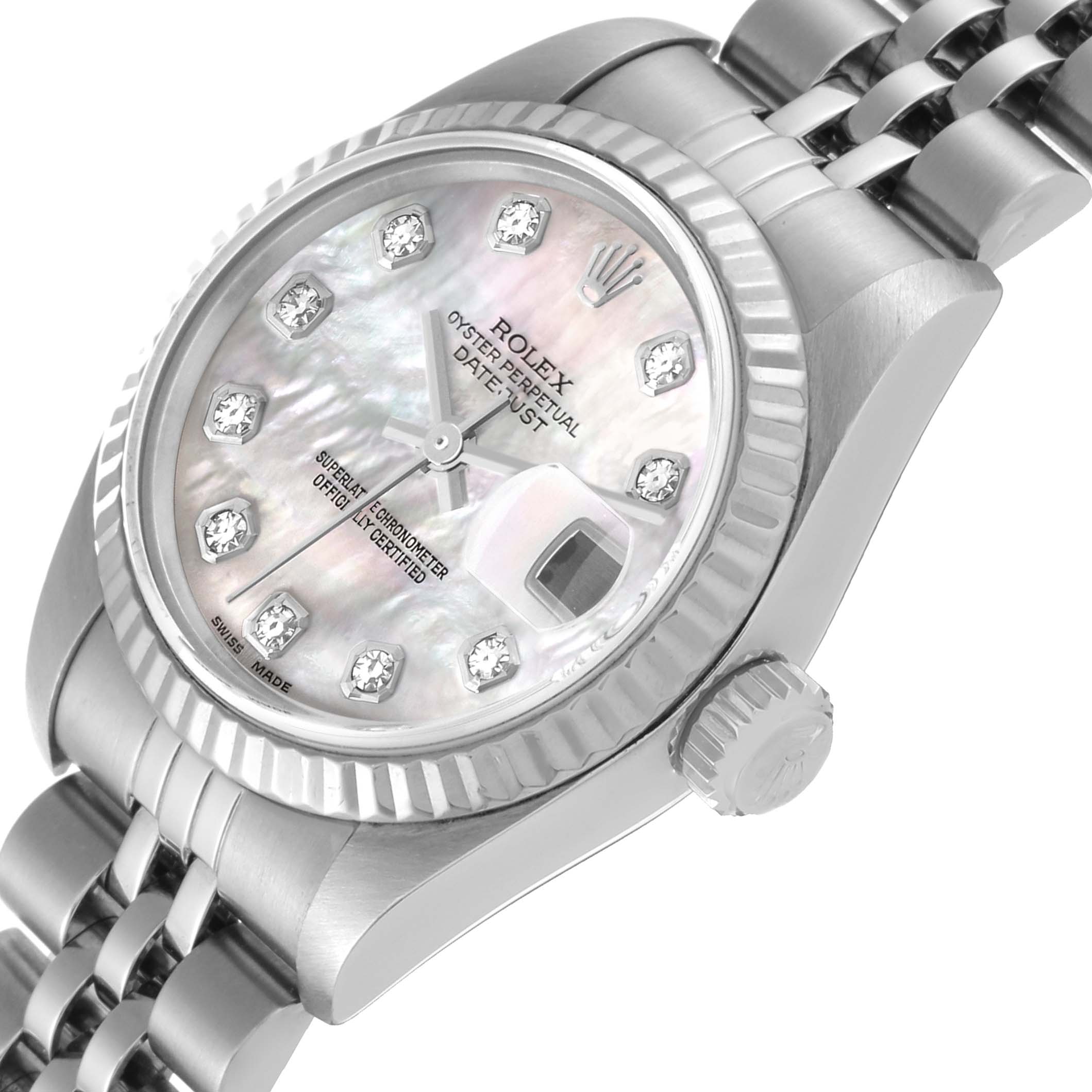 This image shows a close-up angle of the Rolex Datejust 79174 Women's Stainless Steel Mother of Pearl Dial 79174 Women's Stainless Steel Mother of Pearl Dial watch, highlighting the dial, bezel, crown, and part of the bracelet.