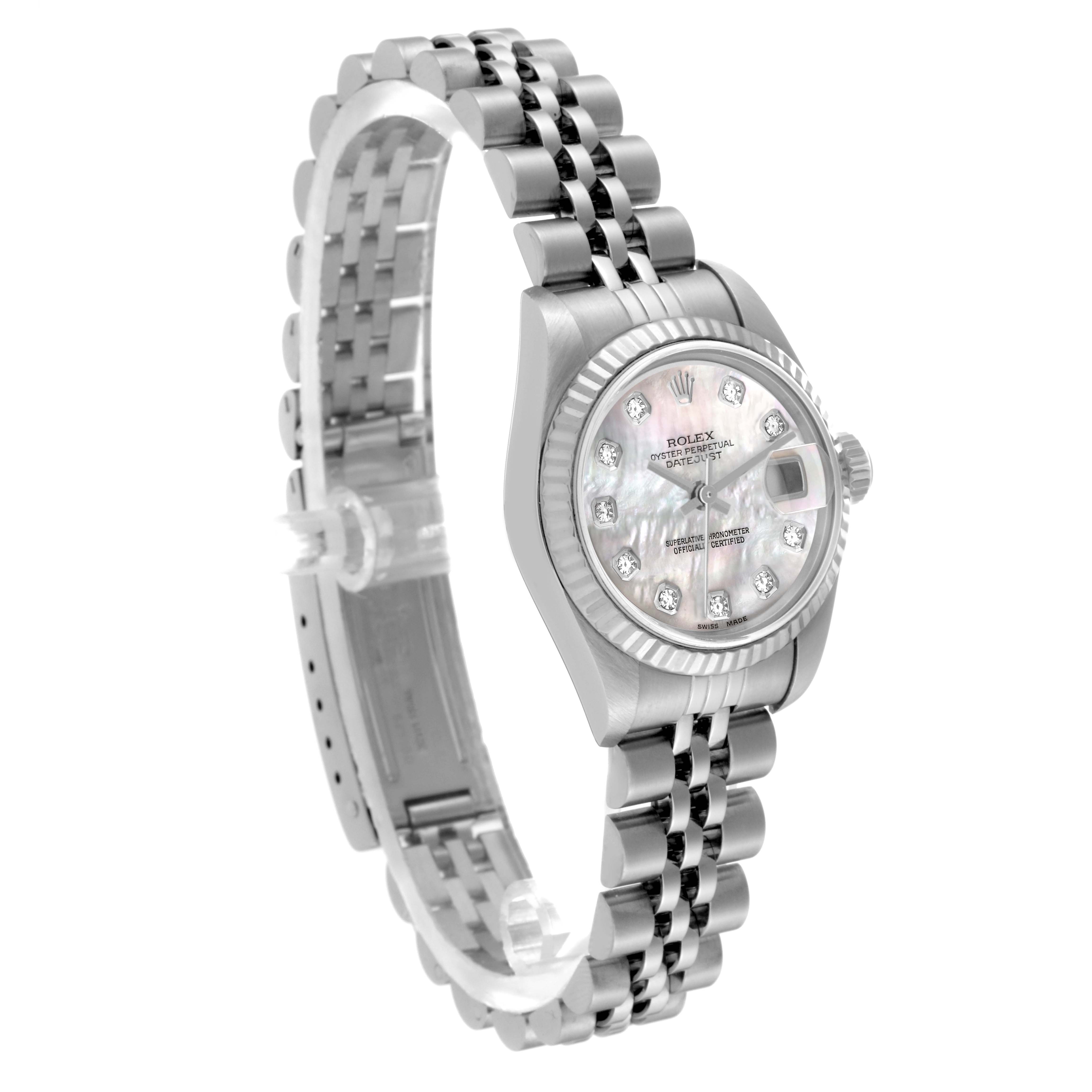 The image shows a Rolex Datejust 79174 Women's Stainless Steel Mother of Pearl Dial 79174 Women's Stainless Steel Mother of Pearl Dial watch at an angled side view, displaying the dial, fluted bezel, and Jubilee bracelet.
