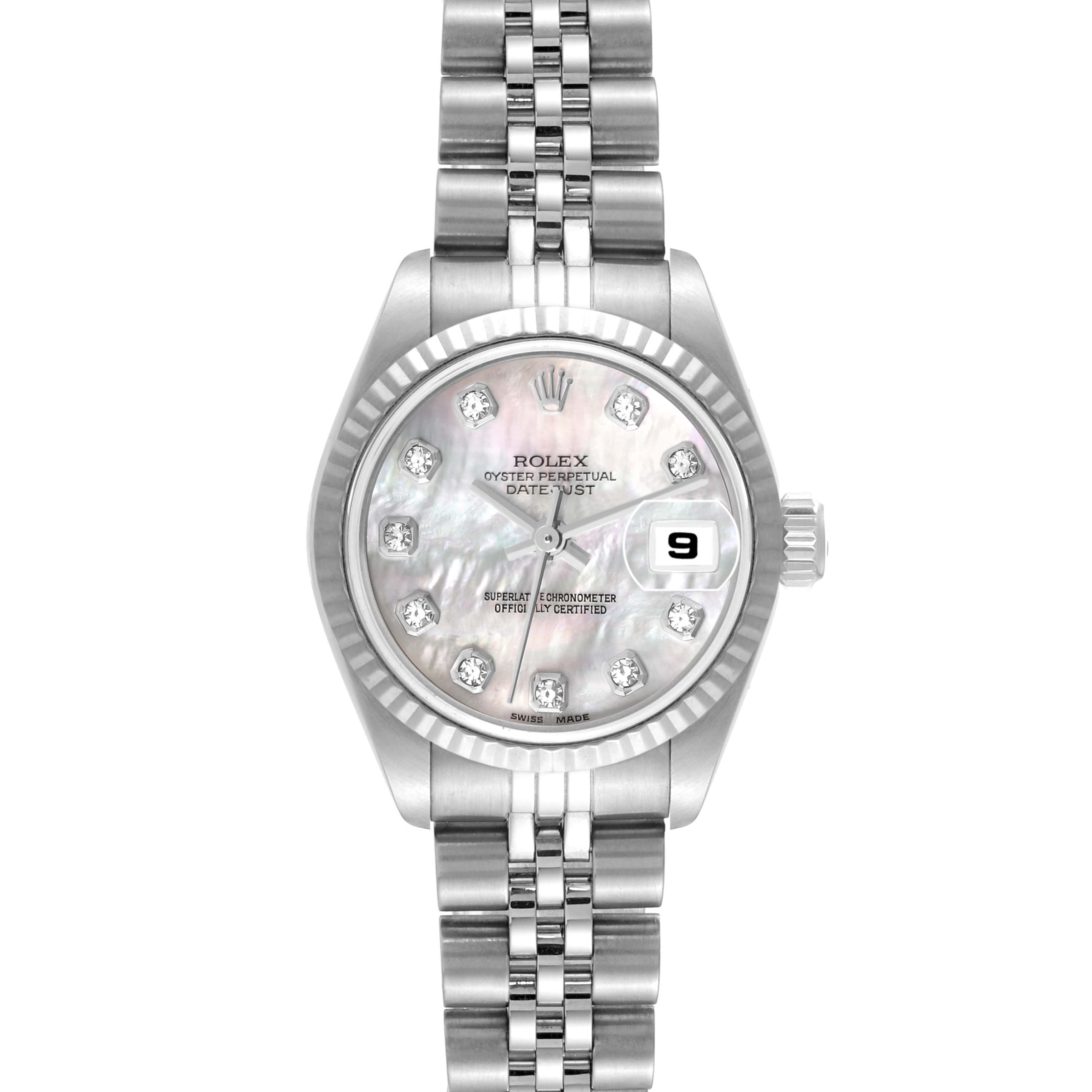 The image shows a head-on view of the Rolex Datejust 79174 Women's Stainless Steel Mother of Pearl Dial 79174 Women's Stainless Steel Mother of Pearl Dial watch, displaying its face, bezel, crown, and bracelet.