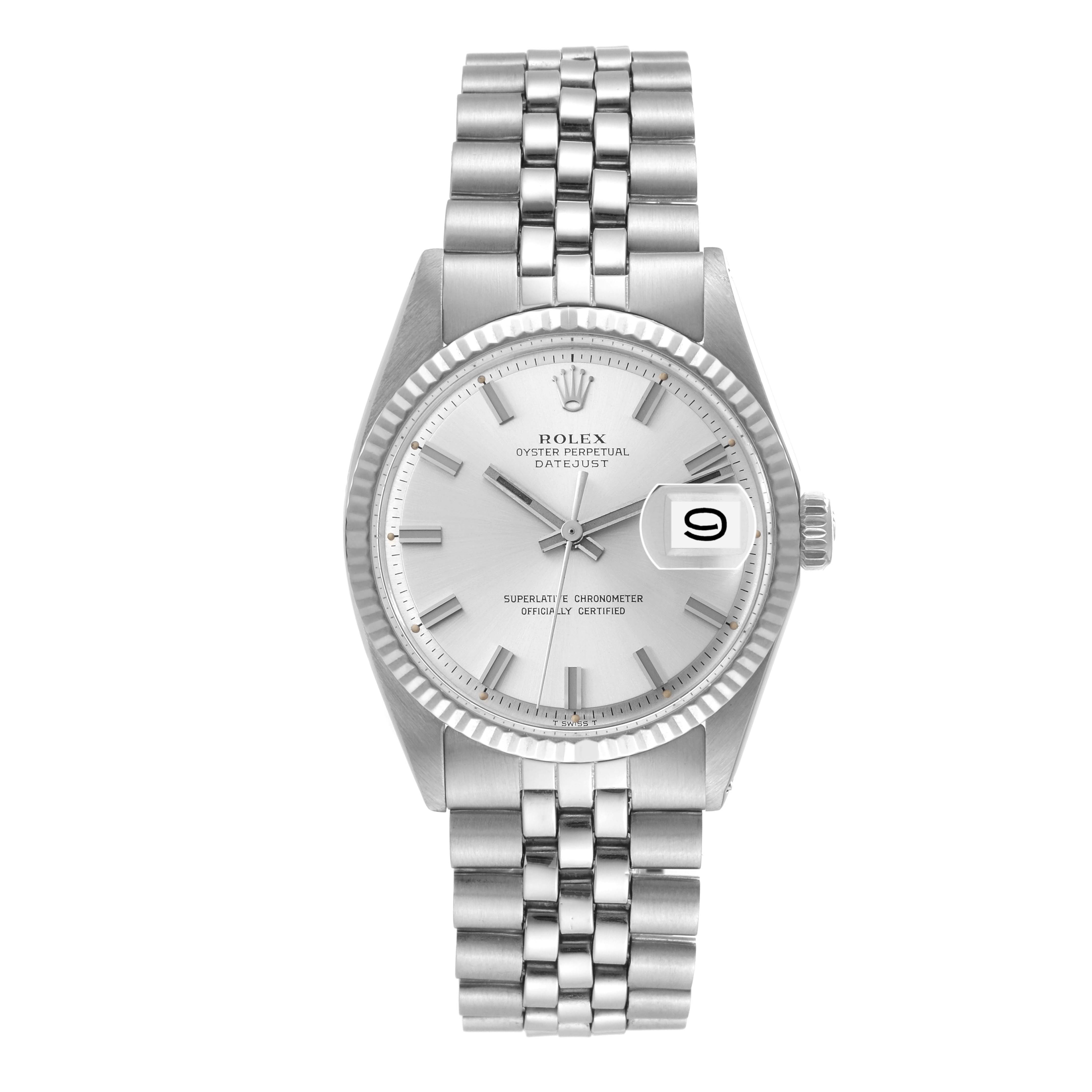 The image shows a front view of the Rolex Vintage Collection 1601 Men's Stainless Steel Silver Dial 1601 Men's Stainless Steel Silver Dial Datejust watch, highlighting its dial, hands, date window, and bracelet.