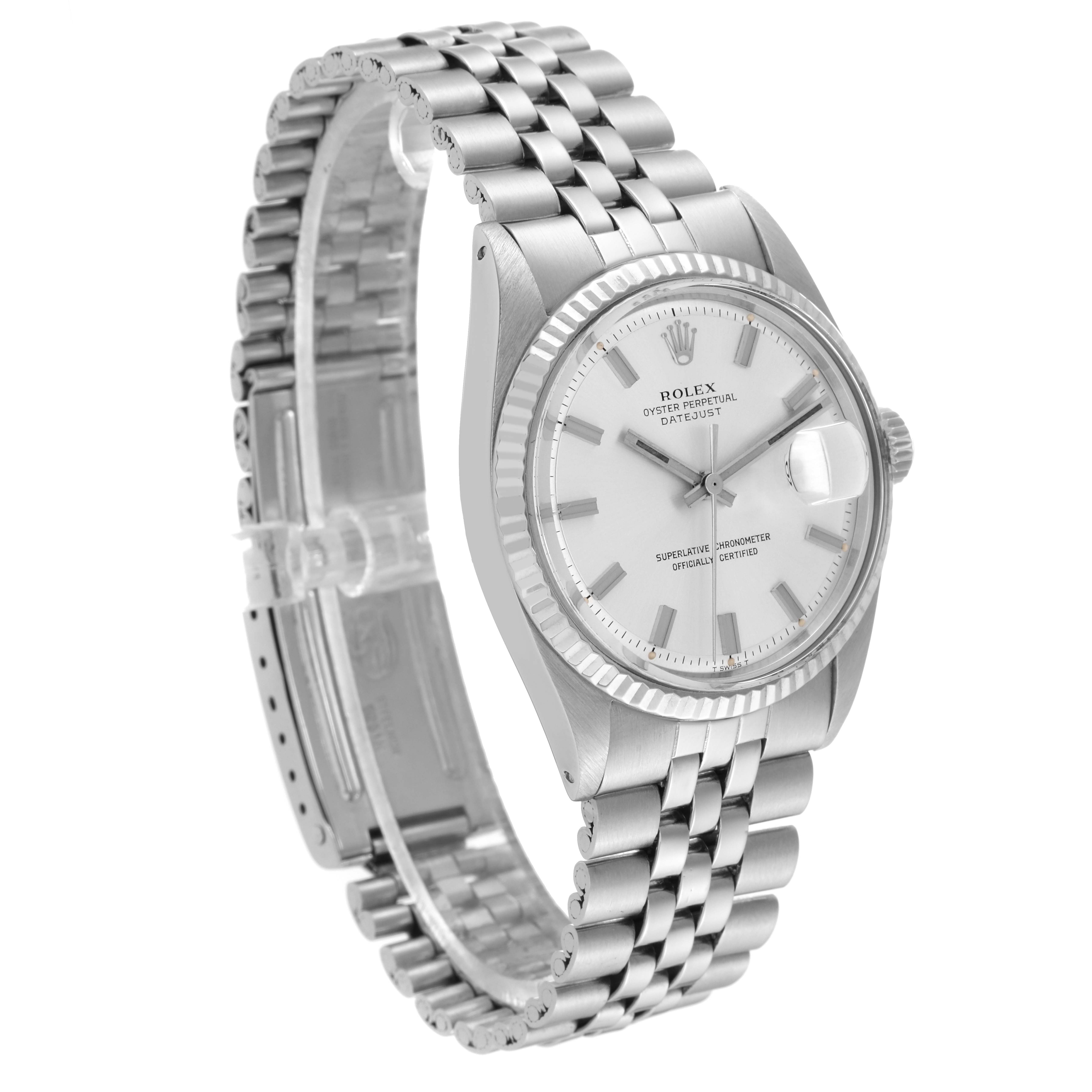 The Rolex Vintage Collection 1601 Men's Stainless Steel Silver Dial 1601 Men's Stainless Steel Silver Dial model is shown in a three-quarter angle featuring its silver case, fluted bezel, jubilee bracelet, and white dial.