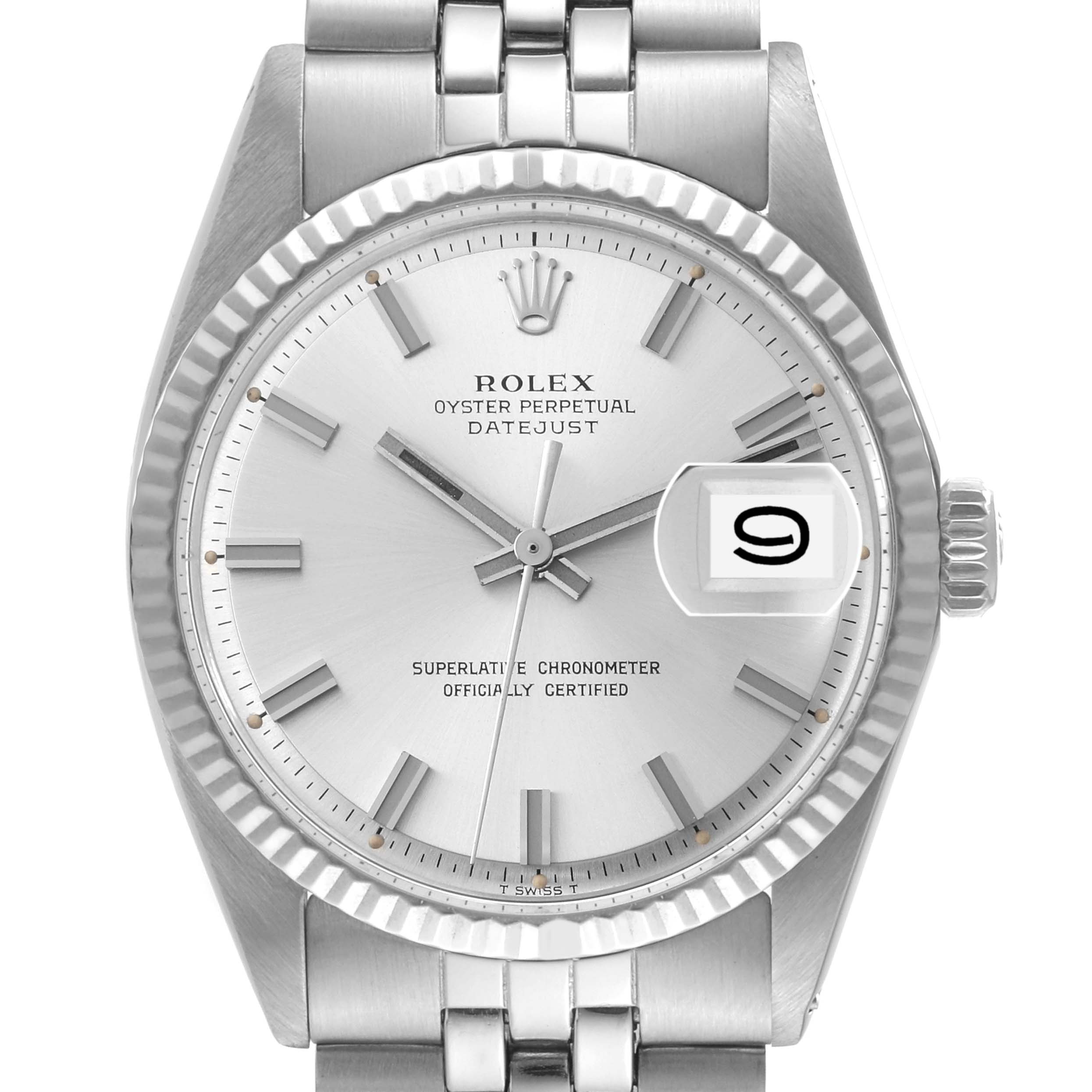 The image shows a front view of the Rolex Vintage Collection 1601 Men's Stainless Steel Silver Dial 1601 Men's Stainless Steel Silver Dial Oyster Perpetual Datejust, highlighting the face and bracelet.
