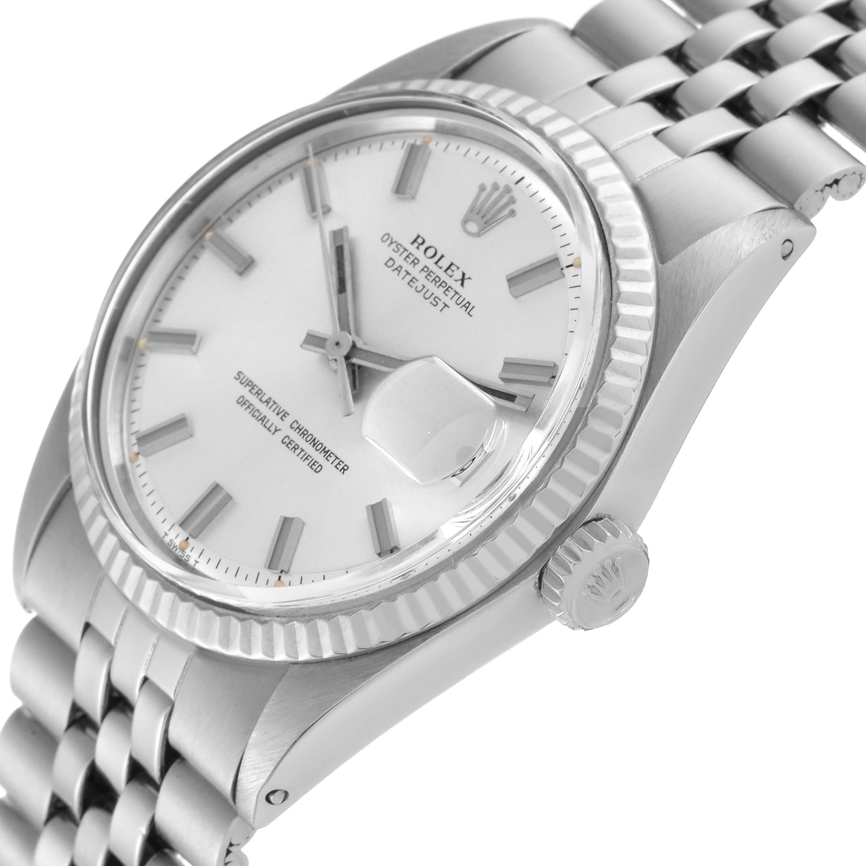 The image shows a Rolex Vintage Collection 1601 Men's Stainless Steel Silver Dial 1601 Men's Stainless Steel Silver Dial Oyster Perpetual Datejust watch from an angled side view, showcasing the dial, bezel, and crown.