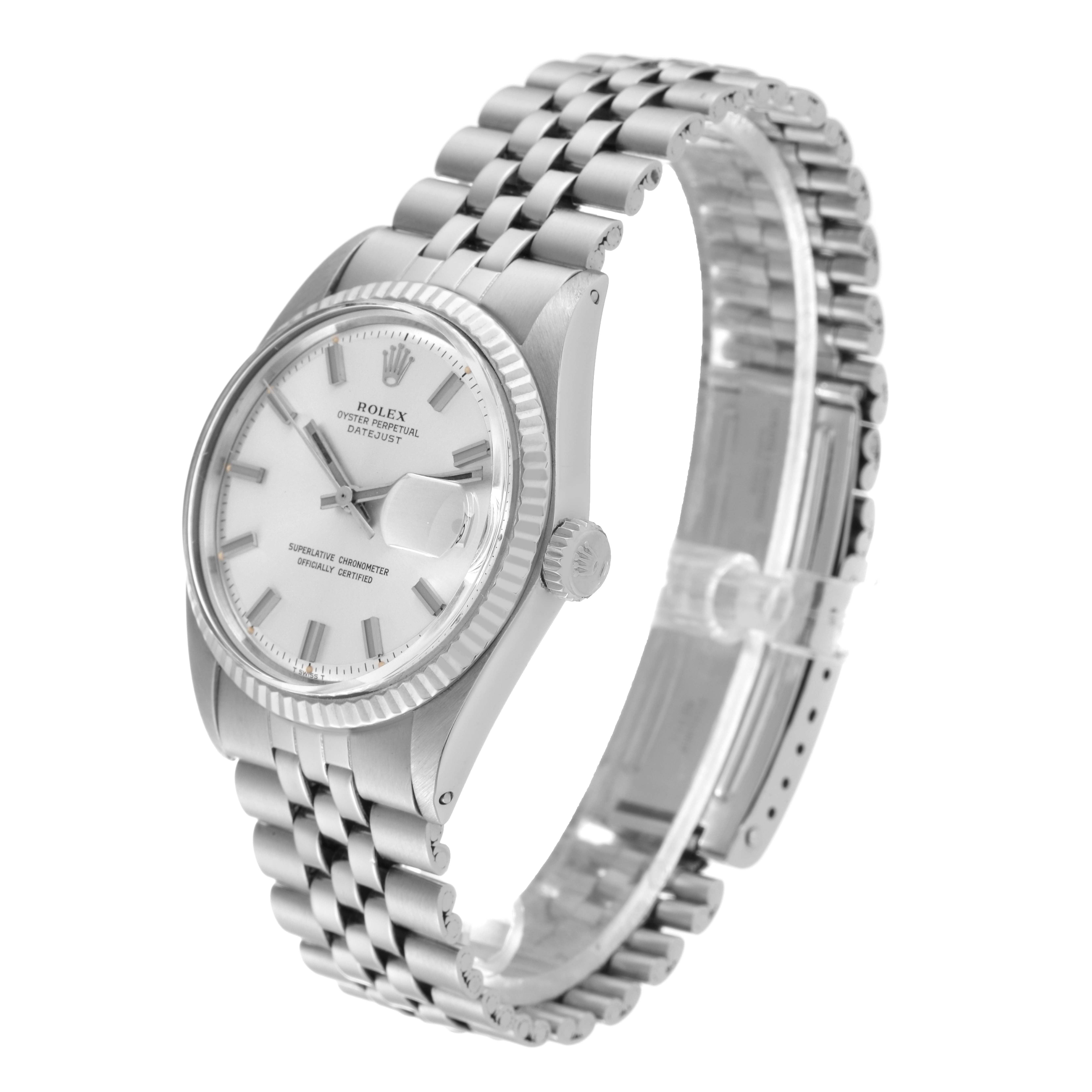 The image shows a Rolex Vintage Collection 1601 Men's Stainless Steel Silver Dial 1601 Men's Stainless Steel Silver Dial model viewed from a side angle, highlighting the dial, bezel, crown, and bracelet.