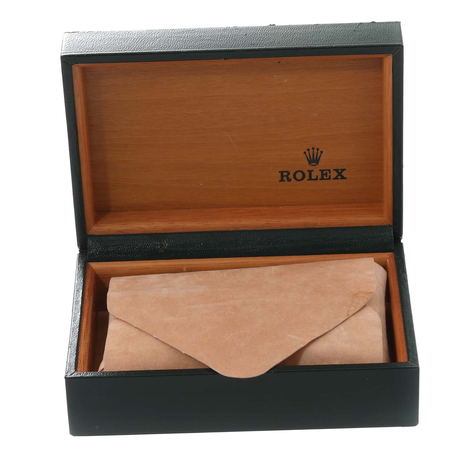 The image shows the open box of the Rolex Vintage Collection 1601 Men's Stainless Steel Silver Dial 1601 Men's Stainless Steel Silver Dial model with an enclosed envelope inside.