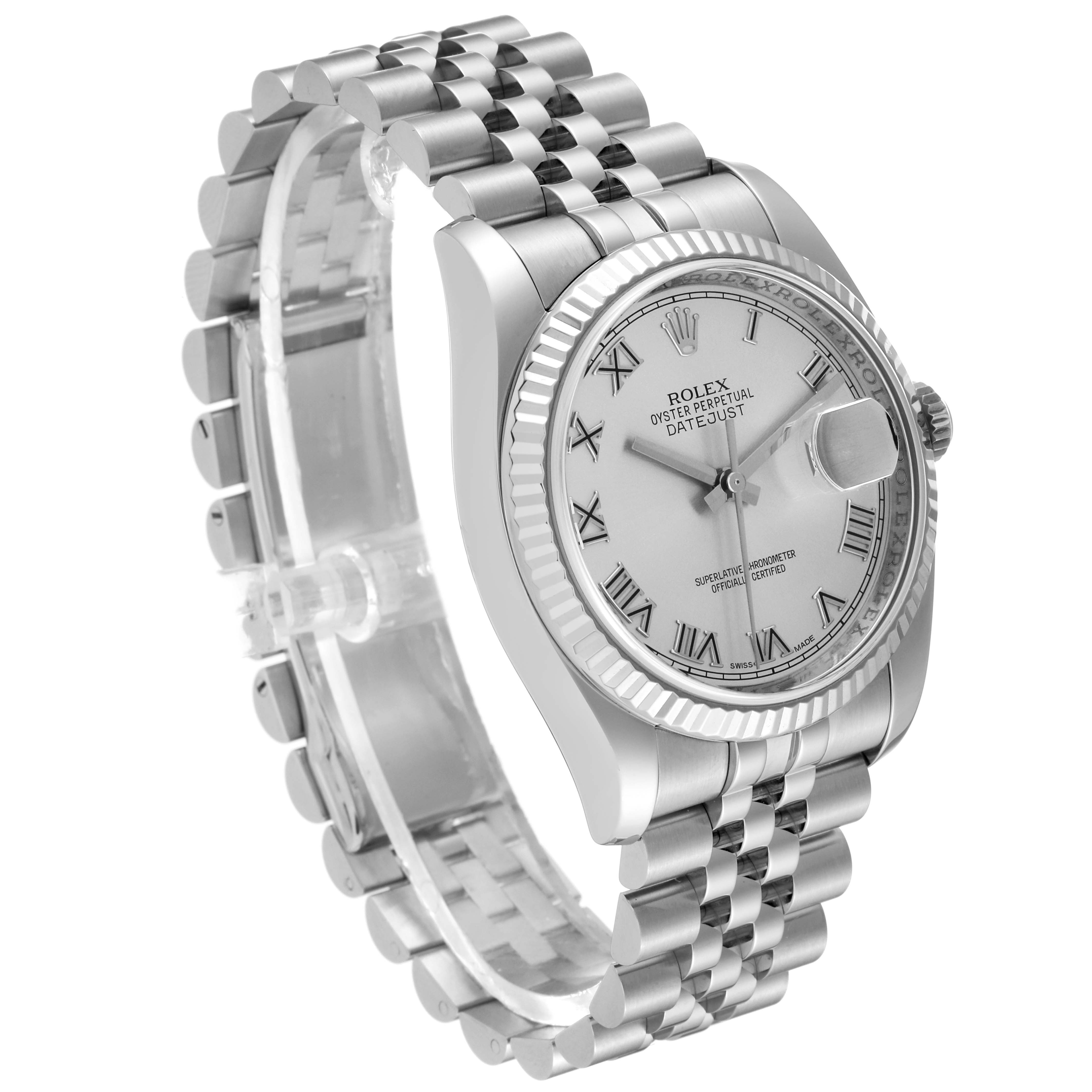 The image shows a Rolex Datejust 116234 Men
s Stainless Steel Silver Dial 116234 Men
s Stainless Steel Silver Dial watch angled to display its face, bracelet, and side profile.