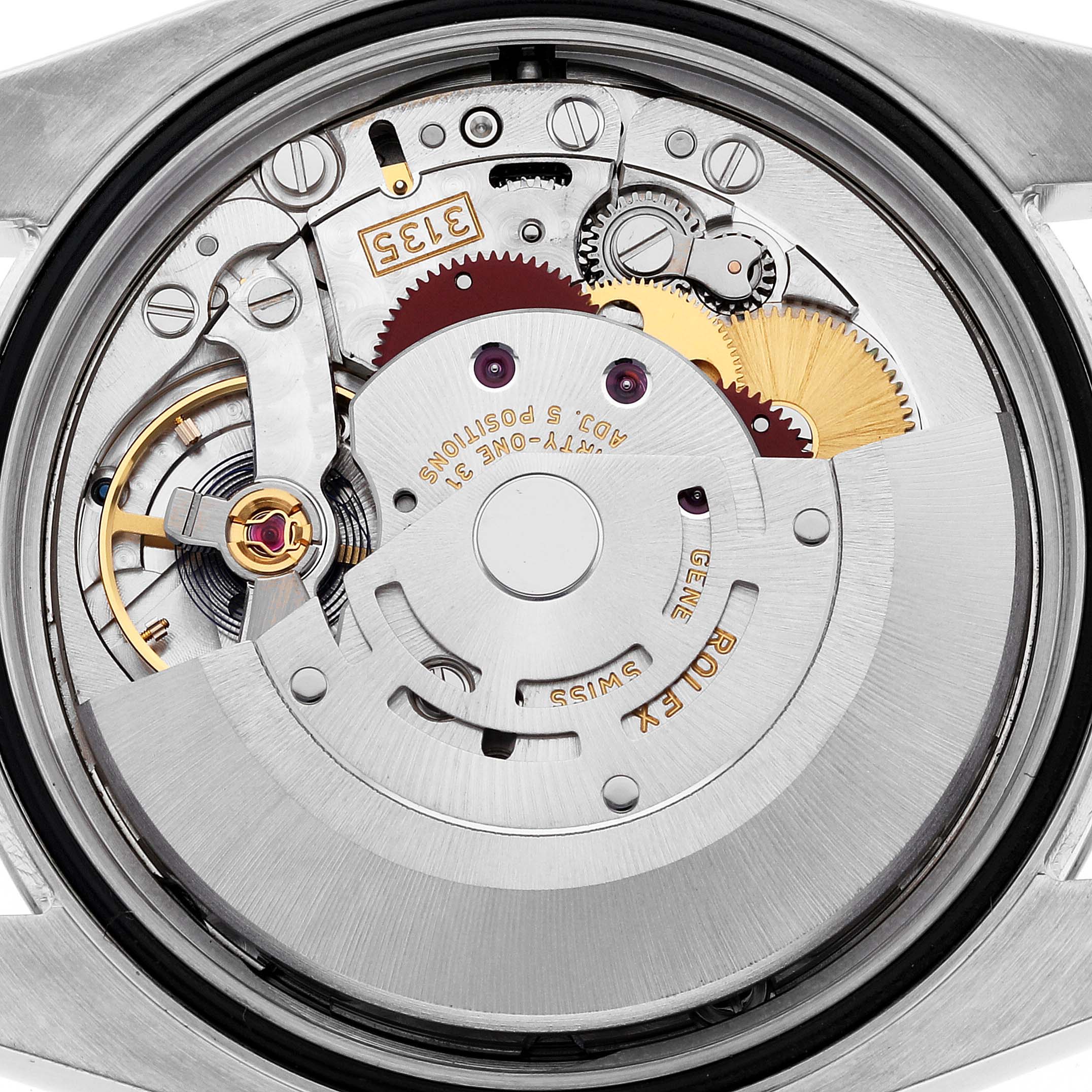 The image shows the intricate internal mechanism of a Rolex Datejust 116234 Men
s Stainless Steel Silver Dial 116234 Men
s Stainless Steel Silver Dial watch from a close-up, back-case removed angle.