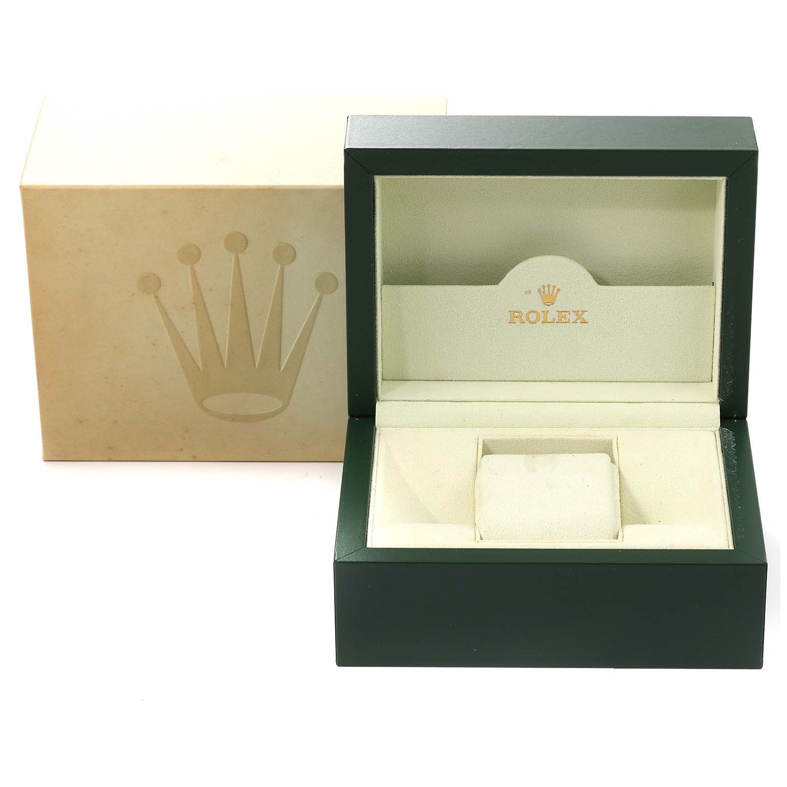 The image shows the open case and outer box for a Rolex Datejust 116234 Men
s Stainless Steel Silver Dial 116234 Men
s Stainless Steel Silver Dial watch, highlighting its presentation packaging.