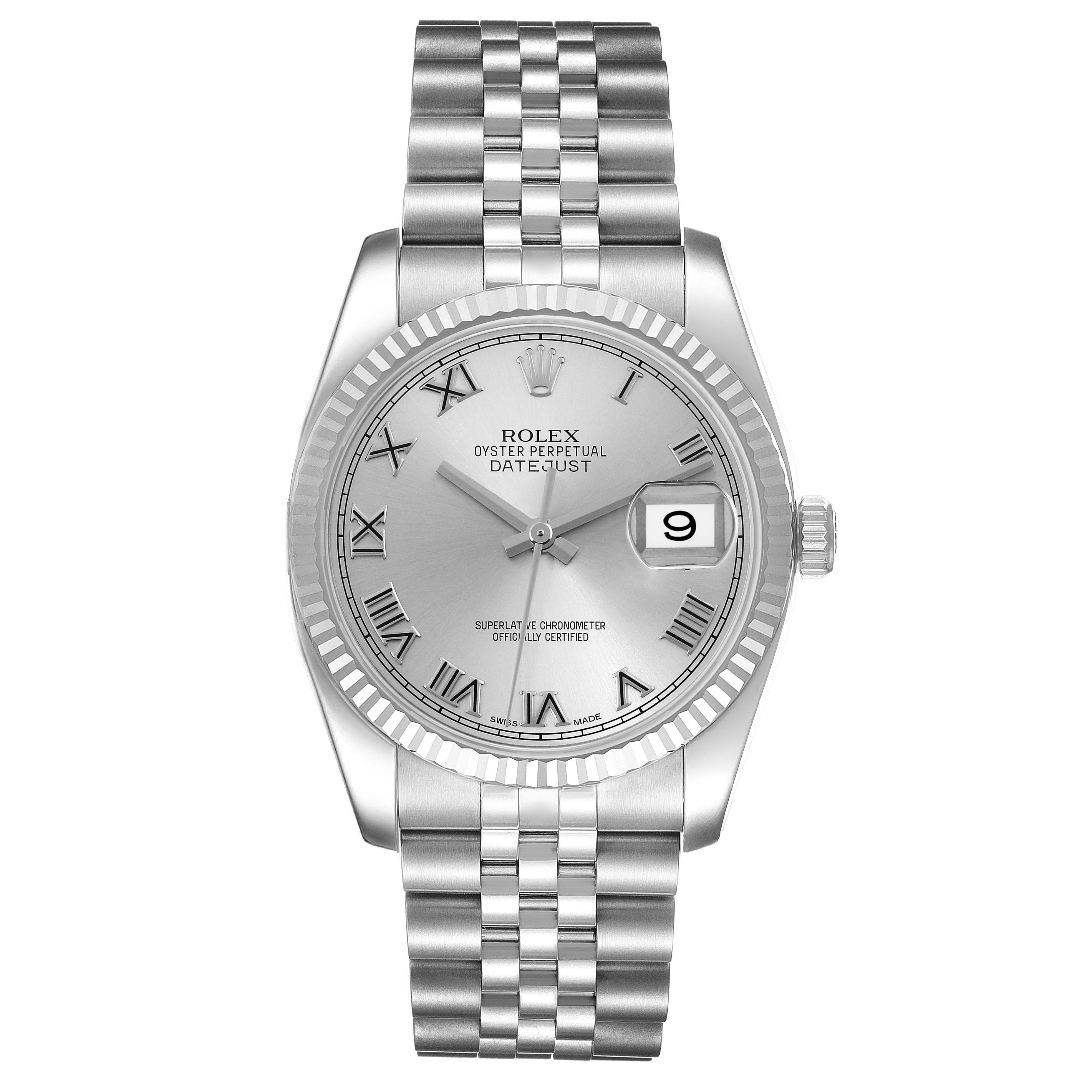 This image shows a front view of a Rolex Datejust 116234 Men
s Stainless Steel Silver Dial 116234 Men
s Stainless Steel Silver Dial watch, displaying its face, bezel, crown, and bracelet.