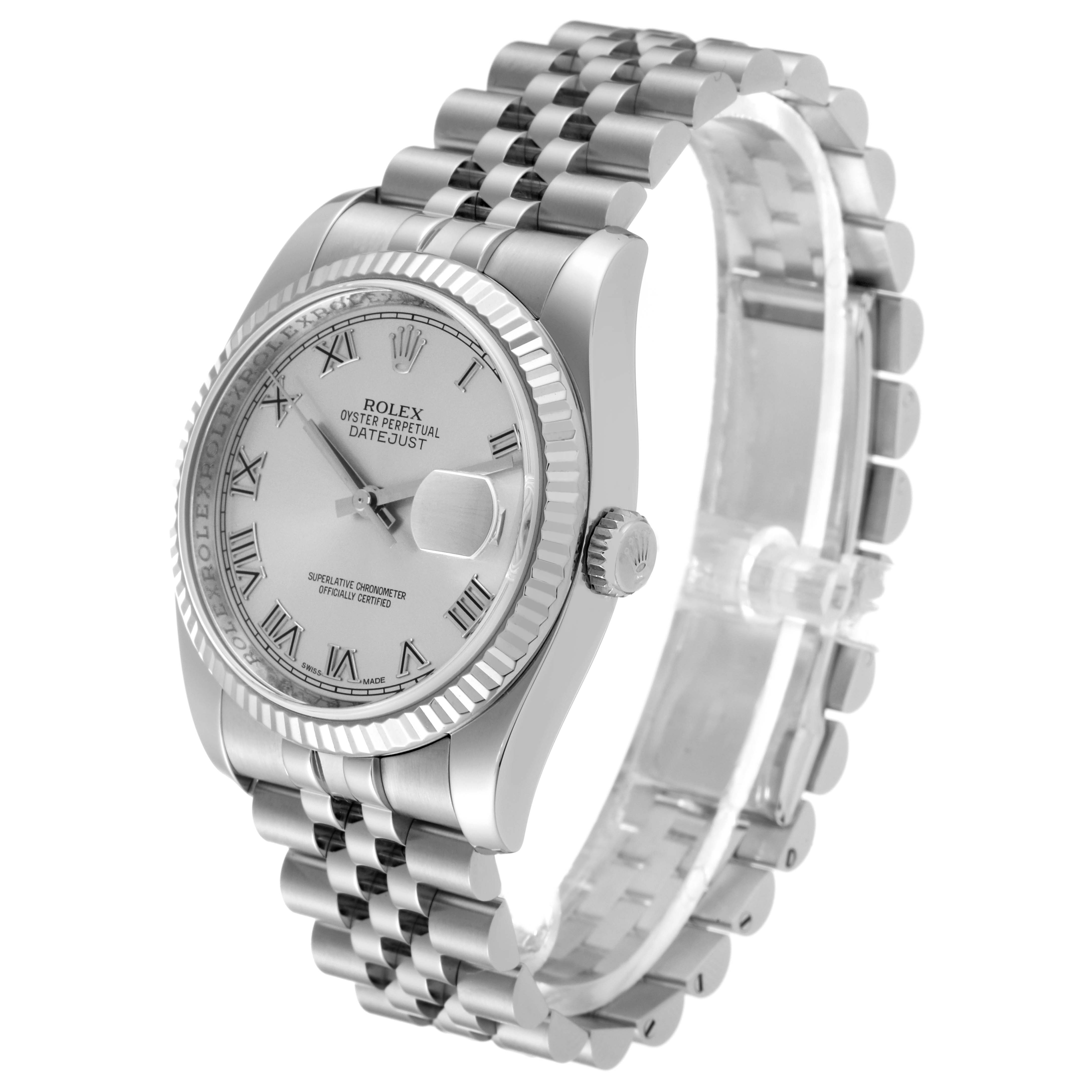 The Rolex Datejust 116234 Men
s Stainless Steel Silver Dial 116234 Men
s Stainless Steel Silver Dial watch is shown at an angle displaying the face, bezel, crown, and a portion of the bracelet.