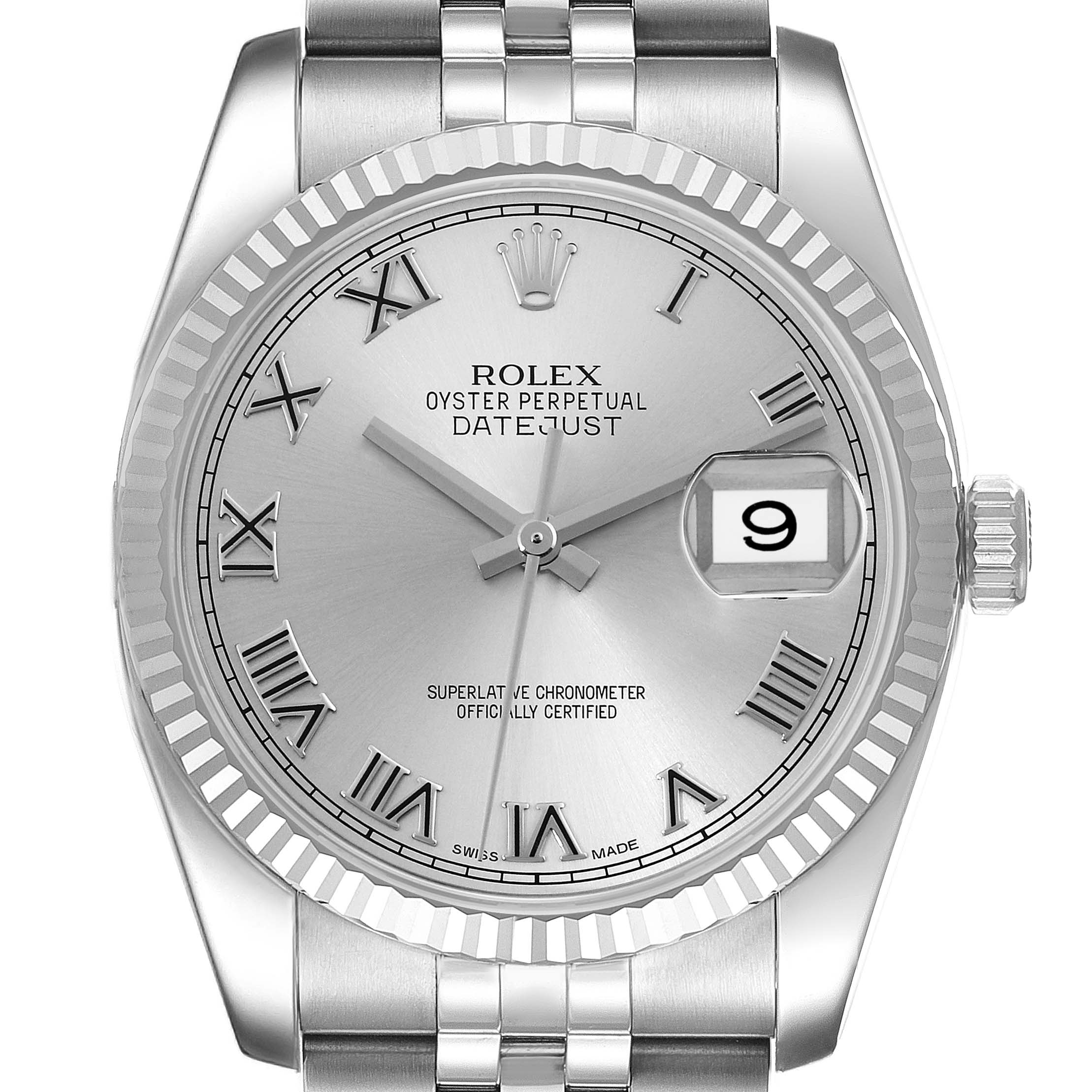 This image shows a front view of the Rolex Datejust 116234 Men
s Stainless Steel Silver Dial 116234 Men
s Stainless Steel Silver Dial watch, displaying its bezel, dial, hands, cyclops lens, and part of the bracelet.