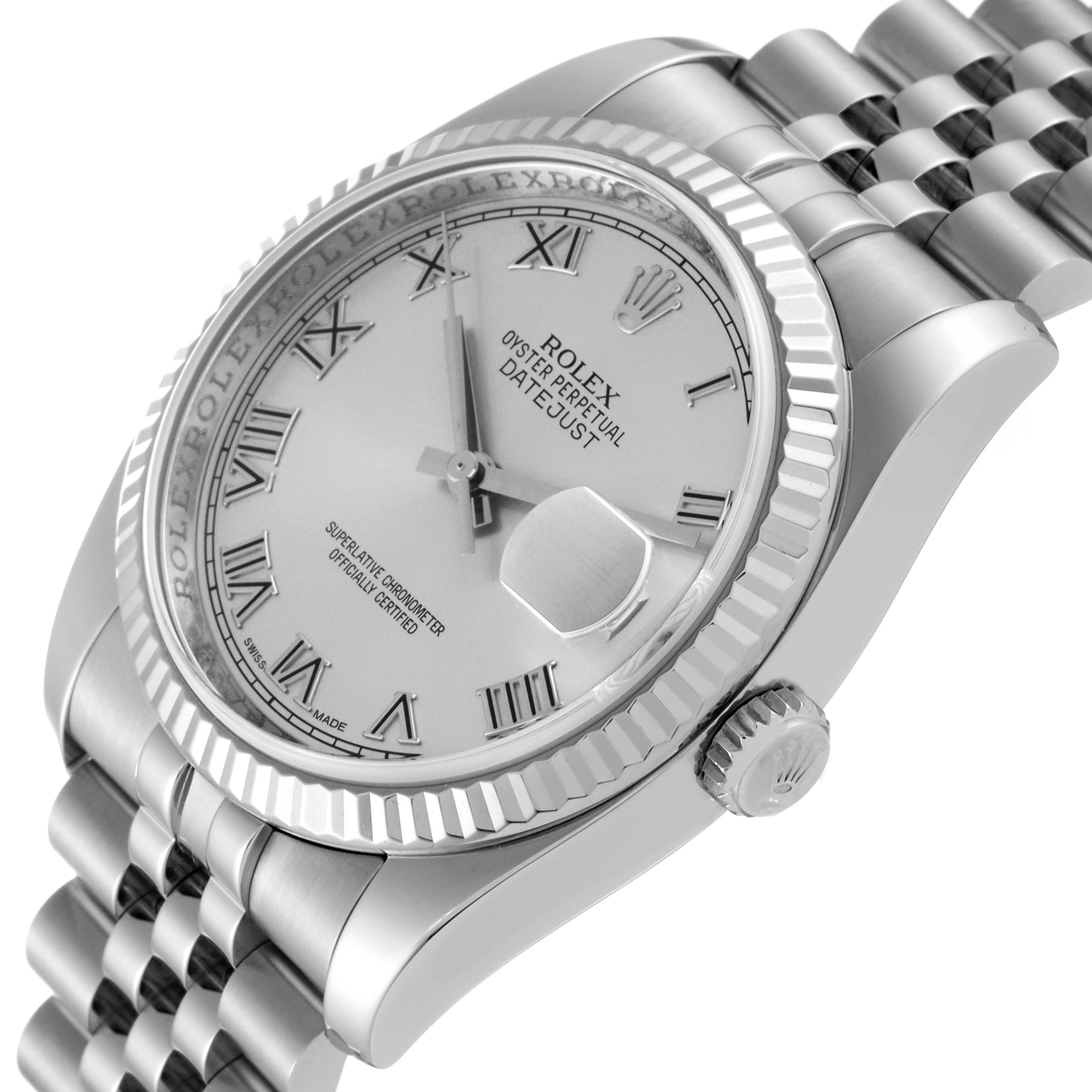 This image shows a Rolex Datejust 116234 Men
s Stainless Steel Silver Dial 116234 Men
s Stainless Steel Silver Dial watch at an angled close-up, highlighting the dial, bezel, crown, and parts of the bracelet.