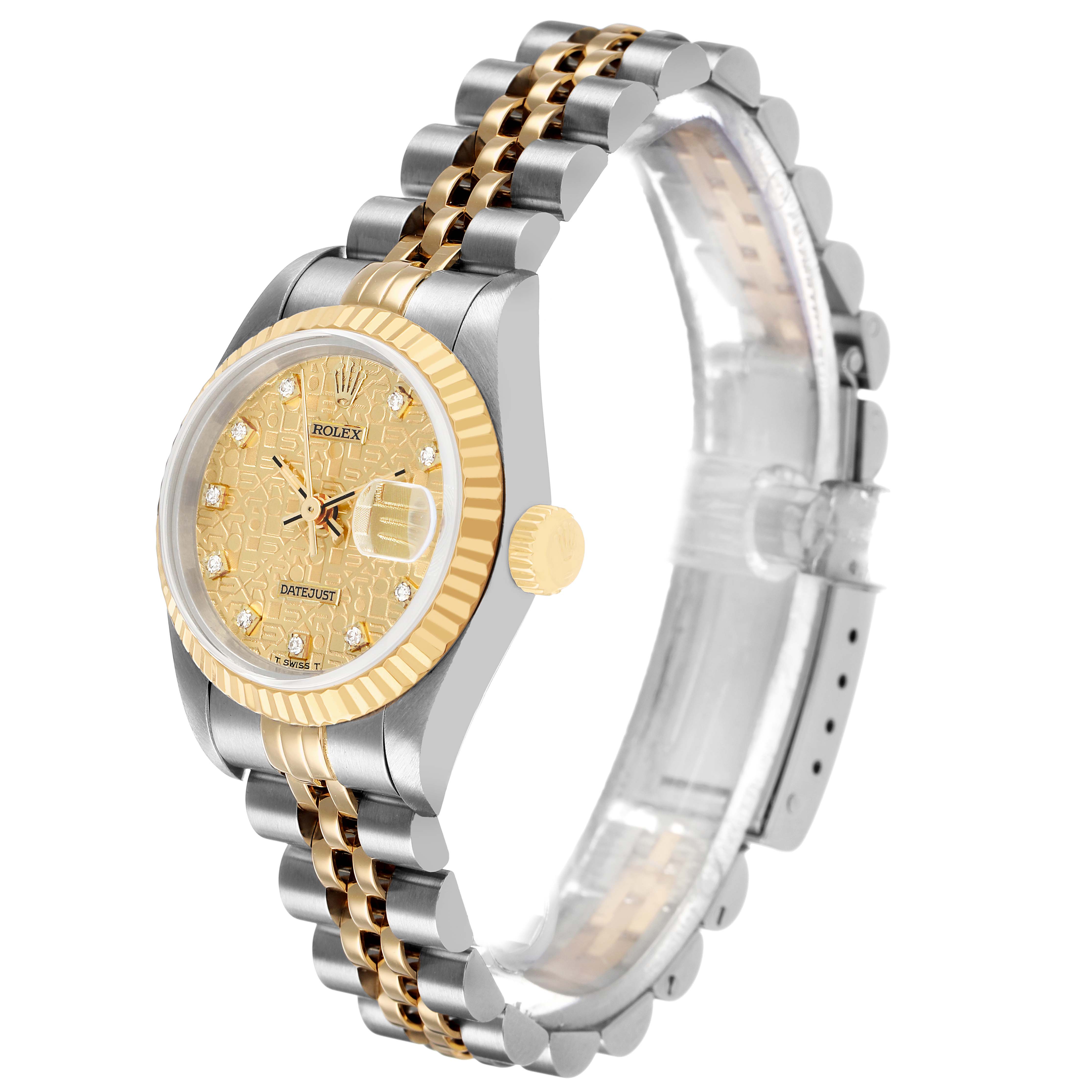 The Rolex Datejust 69173 Women's Steel and Gold (two tone) Champagne Dial watch is shown at a slight angle highlighting the face, bezel, crown, and bracelet.