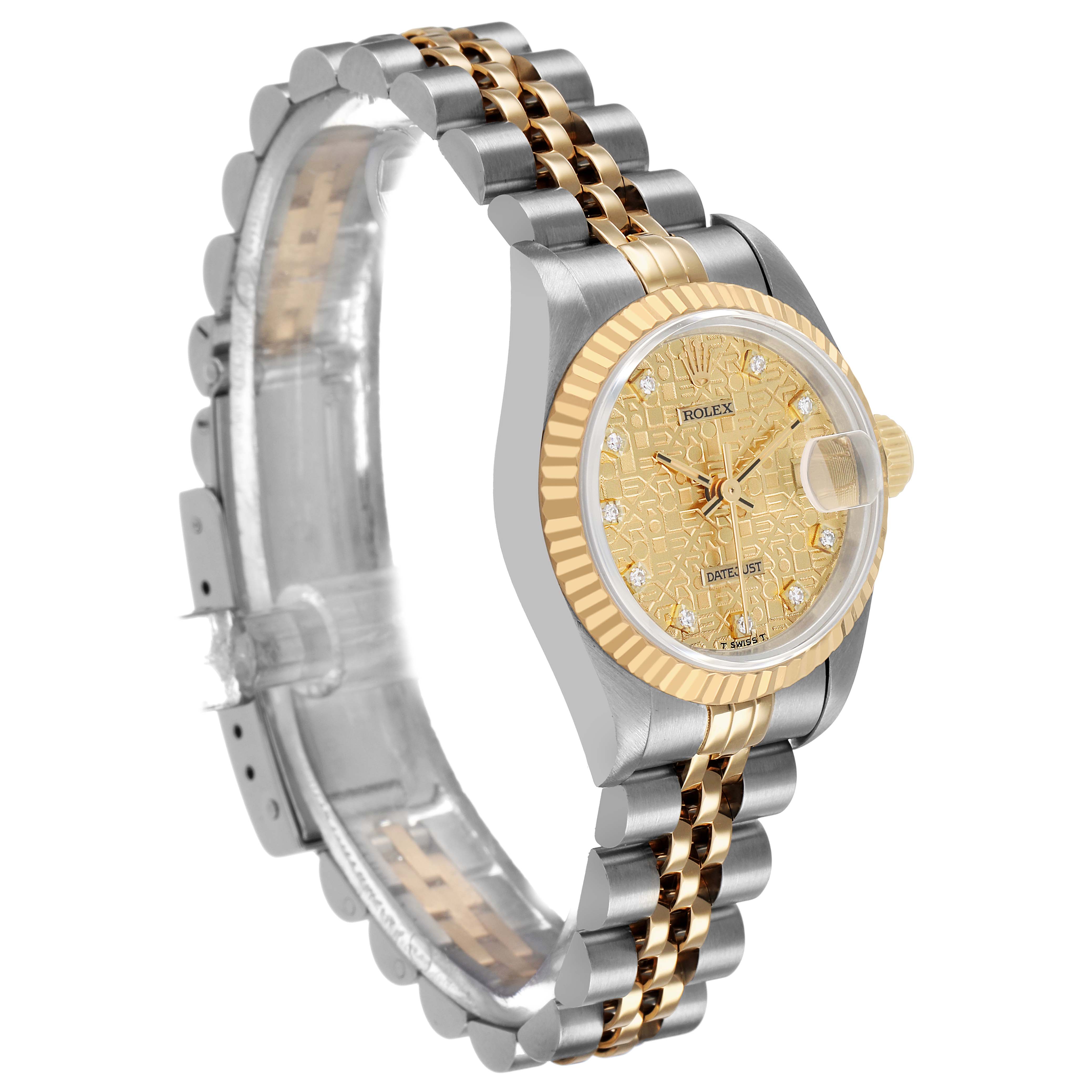 The Rolex Datejust 69173 Women's Steel and Gold (two tone) Champagne Dial watch is shown at a three-quarter angle, highlighting the gold and silver bracelet, bezel, and dial.
