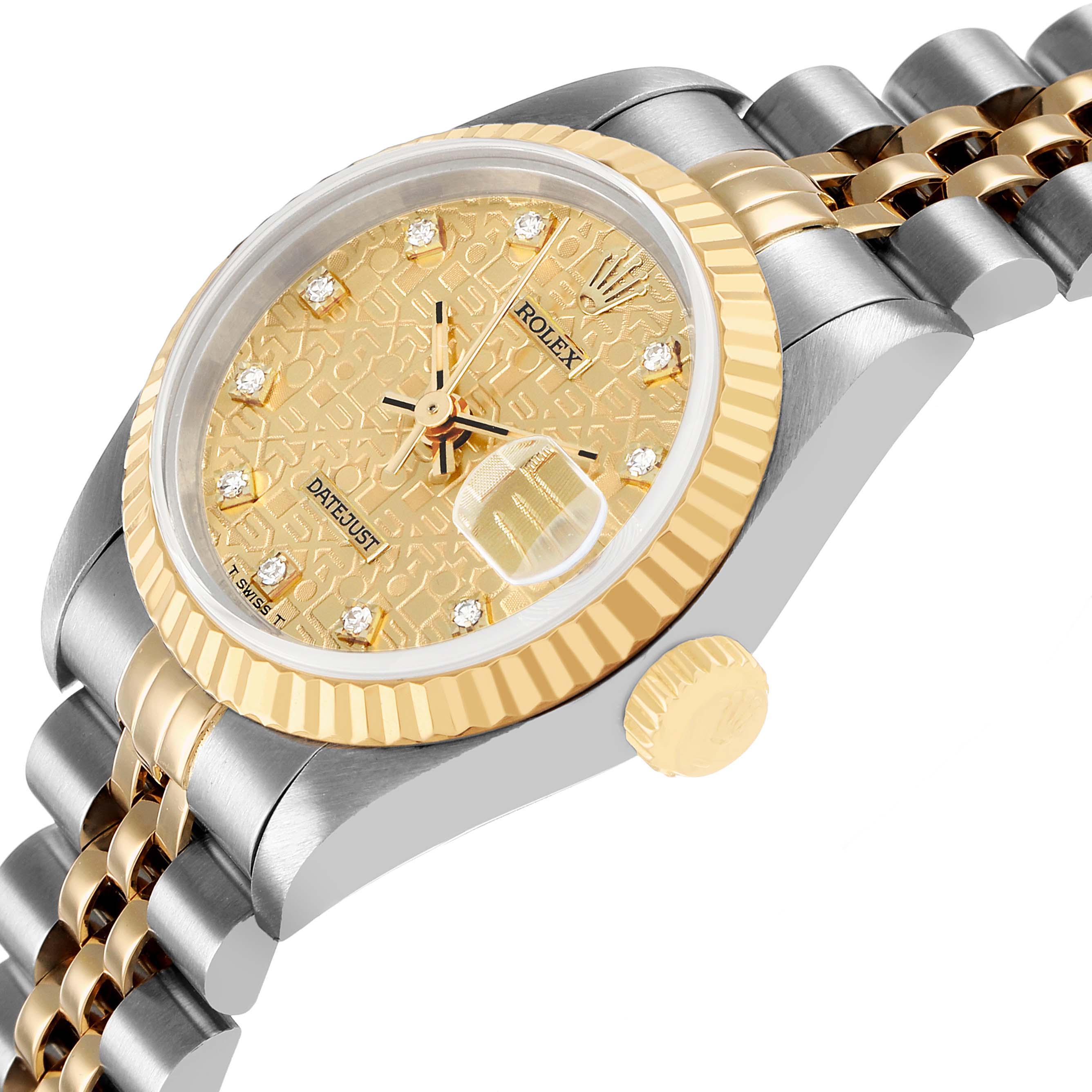 The Rolex Datejust 69173 Women's Steel and Gold (two tone) Champagne Dial watch is shown from a side angle highlighting the dial, fluted bezel, crown, and two-tone Jubilee bracelet.