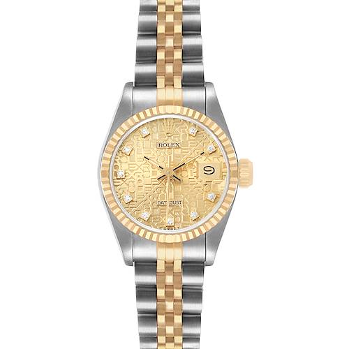 The Rolex Datejust 69173 Women's Steel and Gold (two tone) Champagne Dial watch is shown from a top view, highlighting its gold dial, two-tone bracelet, and fluted bezel.
