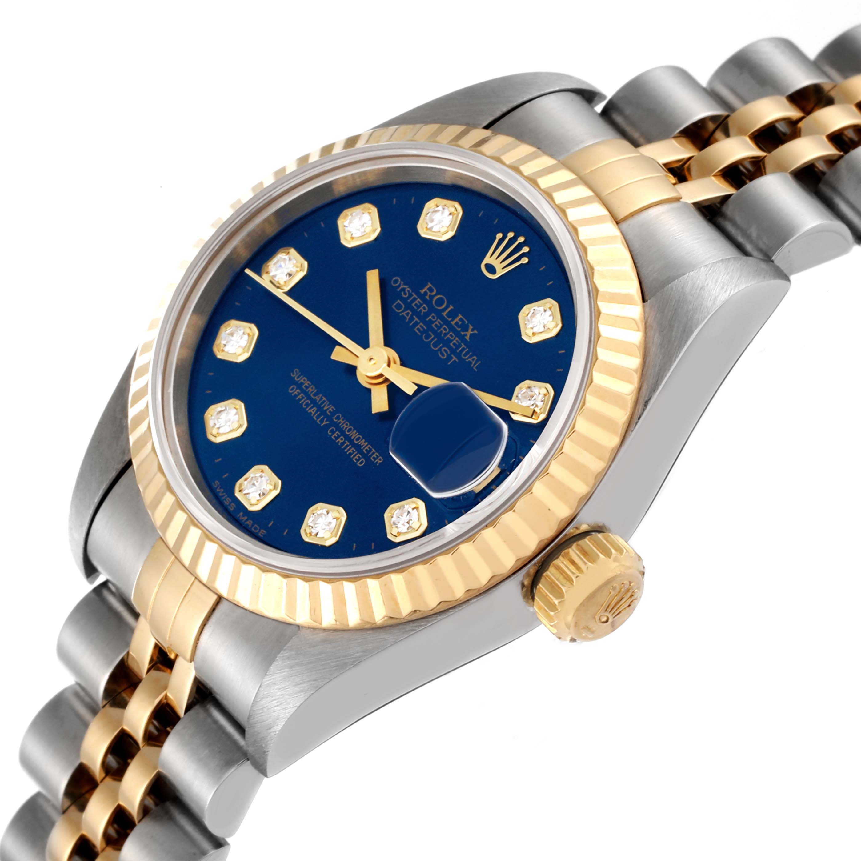 This image shows a close-up, side view of a Rolex Datejust 69173 Women's Steel and Gold (two tone) Blue Dial 69173 Women's Steel and Gold (two tone) Blue Dial watch, highlighting the bezel, crown, and part of the bracelet.