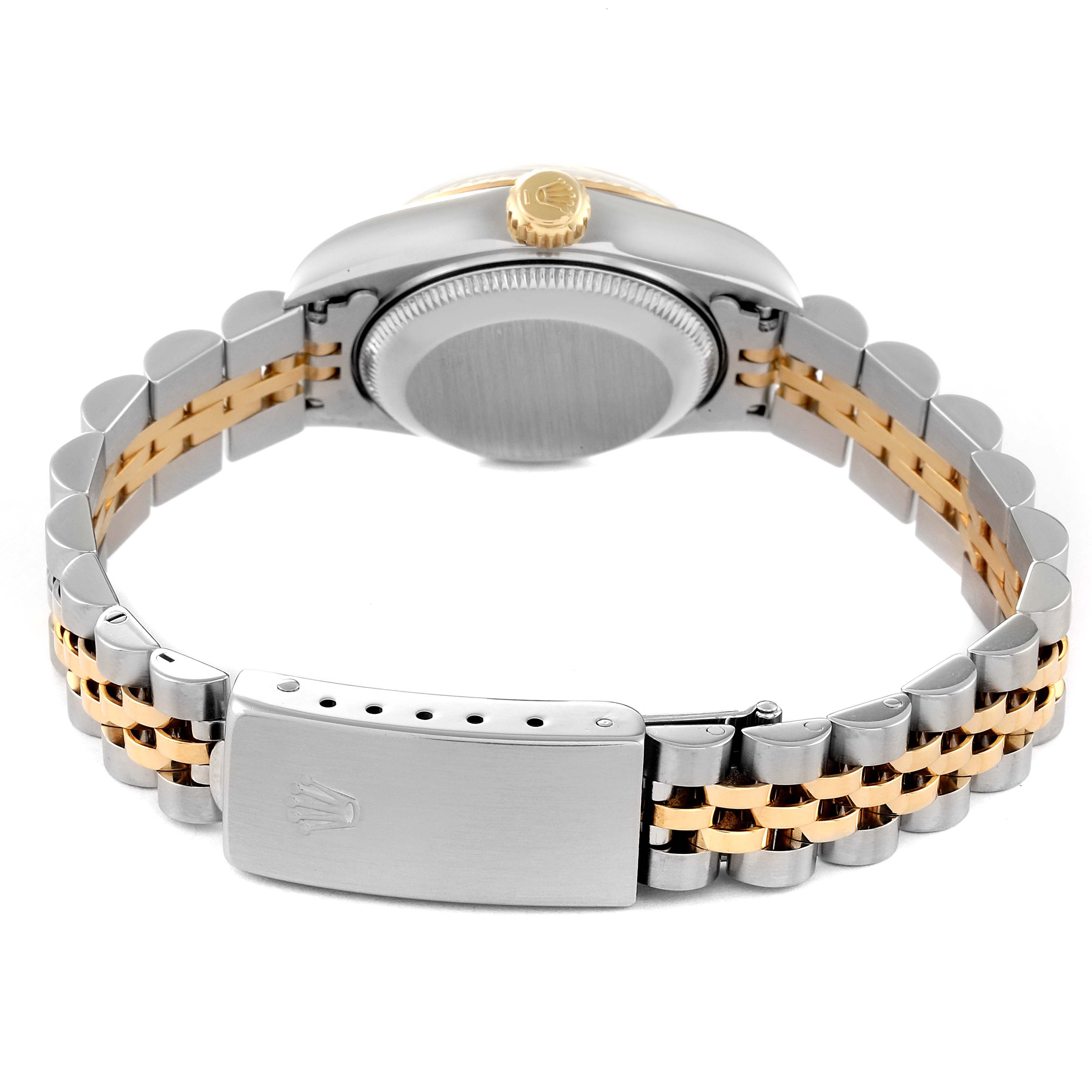The image shows the back and bracelet of the Rolex Datejust 69173 Women's Steel and Gold (two tone) Blue Dial 69173 Women's Steel and Gold (two tone) Blue Dial watch, highlighting the crown, caseback, and two-tone Jubilee bracelet.