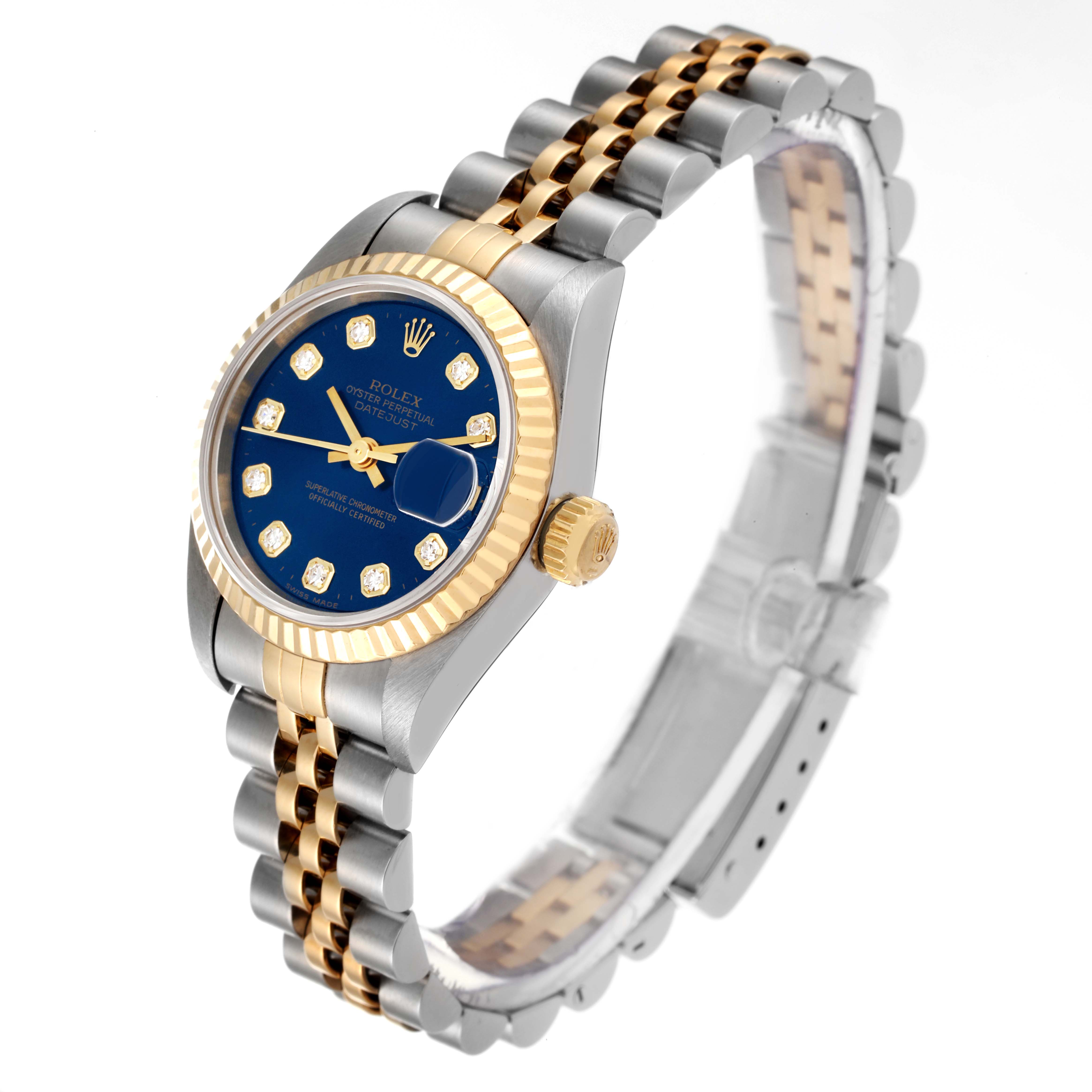 This image shows the Rolex Datejust 69173 Women's Steel and Gold (two tone) Blue Dial 69173 Women's Steel and Gold (two tone) Blue Dial watch at an angled view, highlighting its face, bezel, and two-tone bracelet.