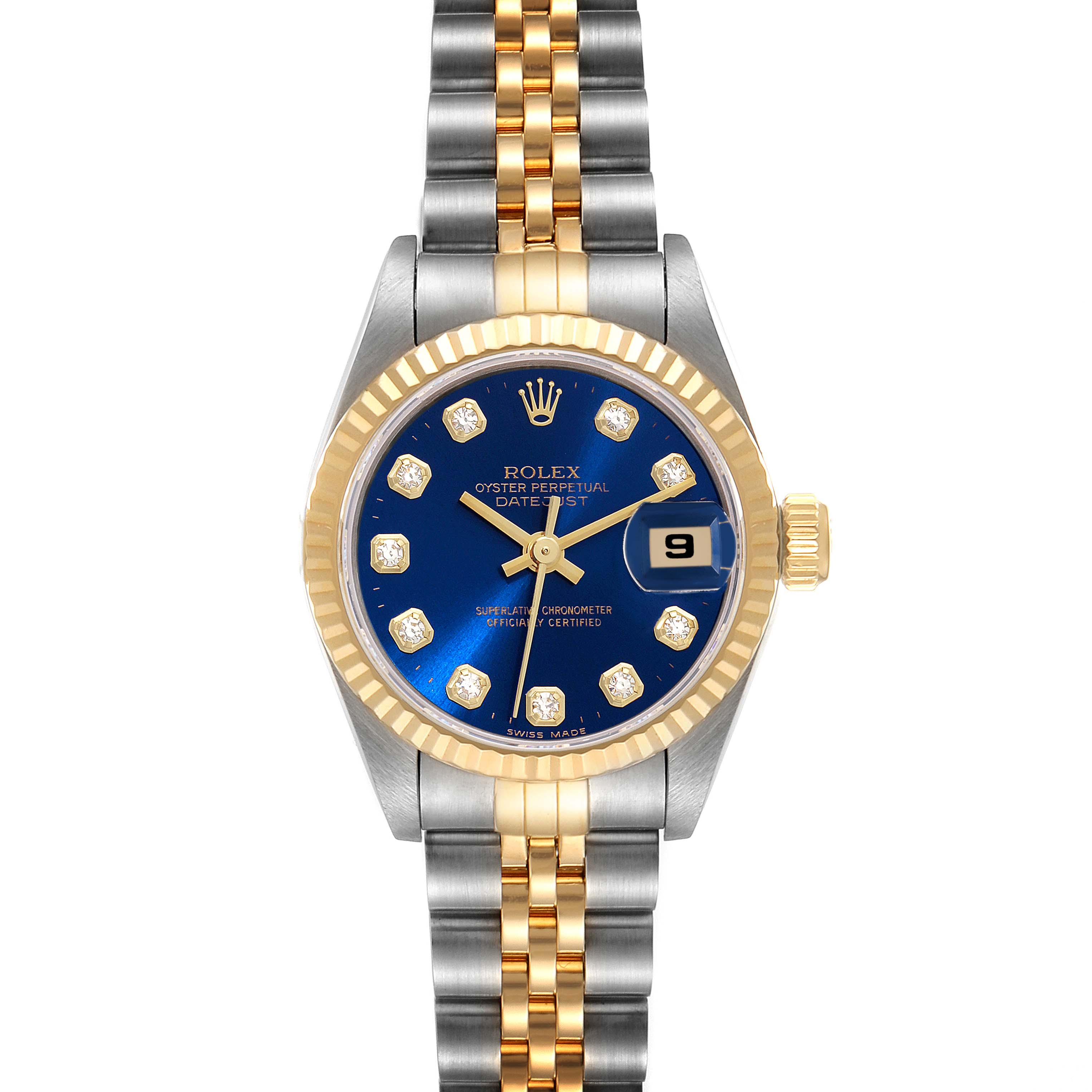 The Rolex Datejust 69173 Women's Steel and Gold (two tone) Blue Dial 69173 Women's Steel and Gold (two tone) Blue Dial watch is shown from a front angle, highlighting its blue dial, diamond hour markers, and two-tone bracelet.