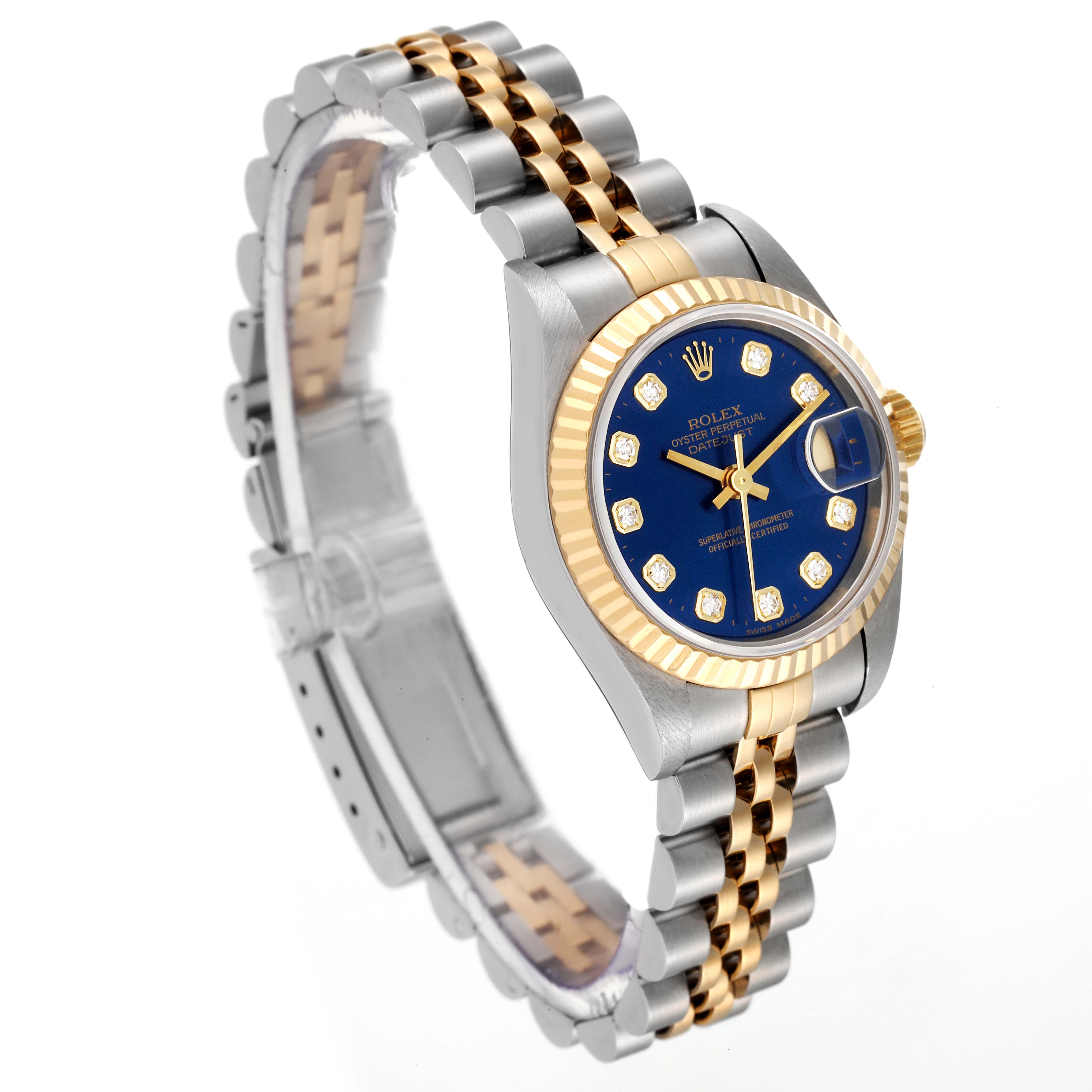 This image shows a Rolex Datejust 69173 Women's Steel and Gold (two tone) Blue Dial 69173 Women's Steel and Gold (two tone) Blue Dial watch angled slightly to the left, highlighting its two-tone bracelet and blue dial with diamond hour markers.