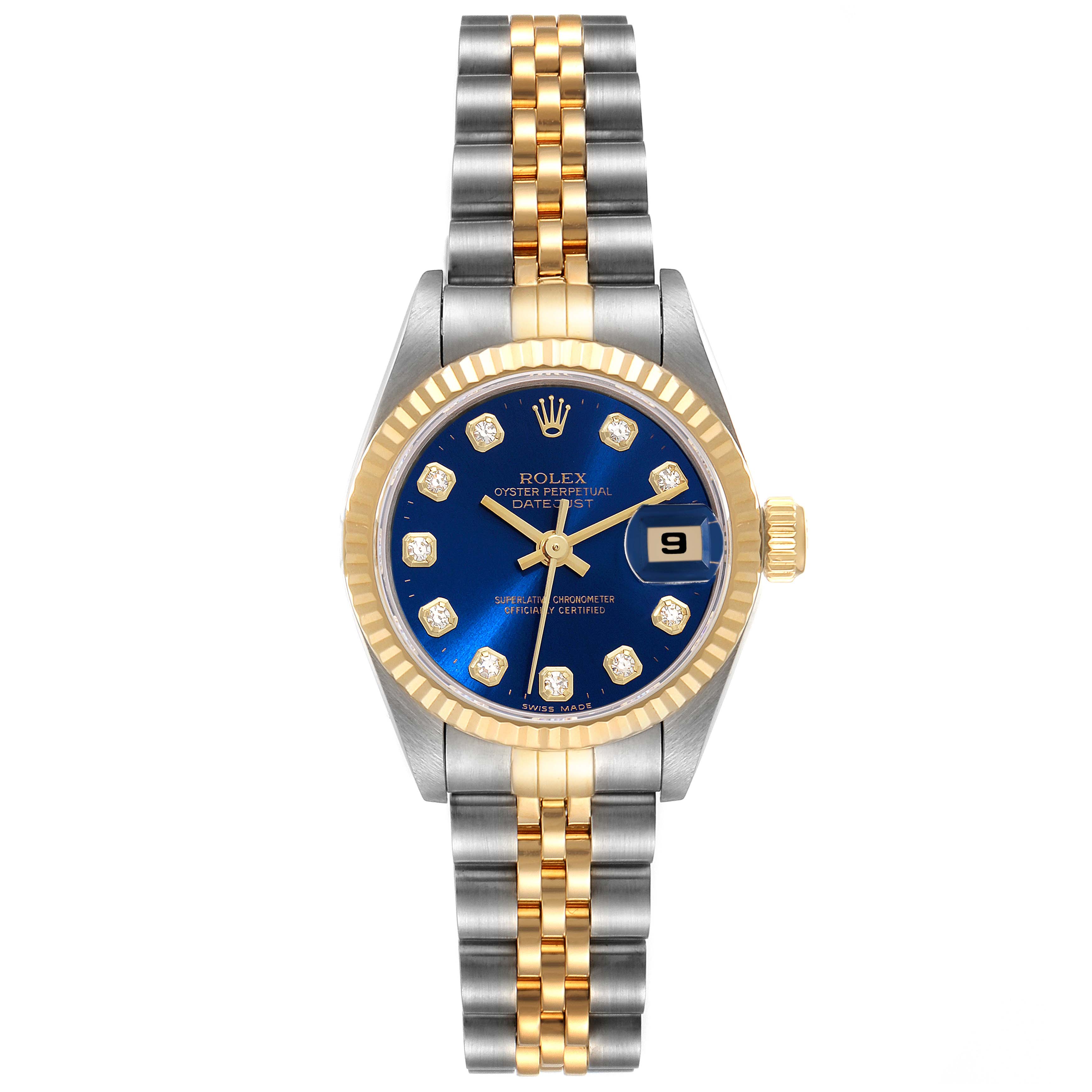 This image shows a full frontal view of a Rolex Datejust 69173 Women's Steel and Gold (two tone) Blue Dial 69173 Women's Steel and Gold (two tone) Blue Dial watch, showcasing its blue dial, gold accents, and two-tone bracelet.