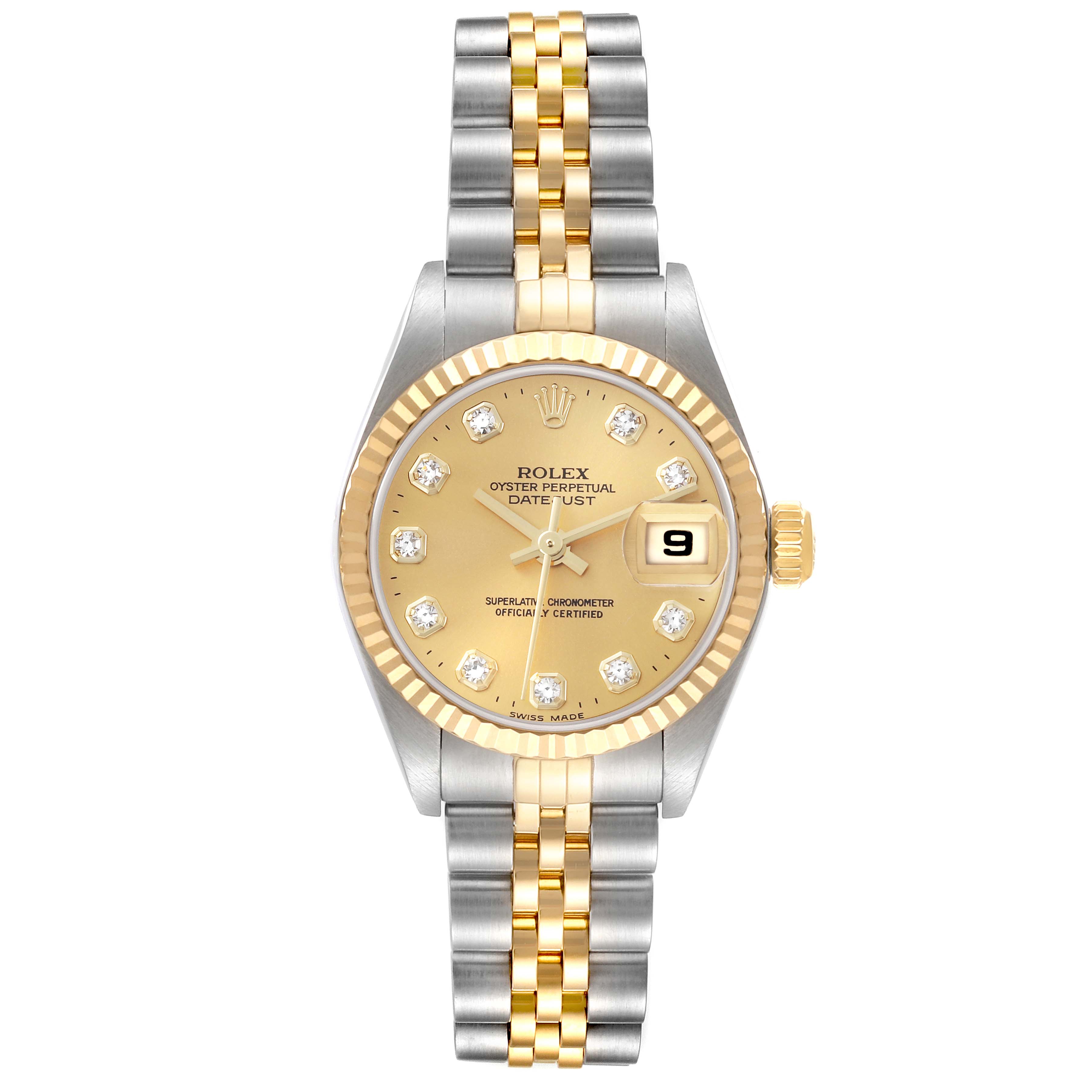 The Rolex Datejust 79173 Women's Stainless Steel Champagne Dial watch is shown from a top-down angle, displaying its dial, bezel, and two-tone bracelet.