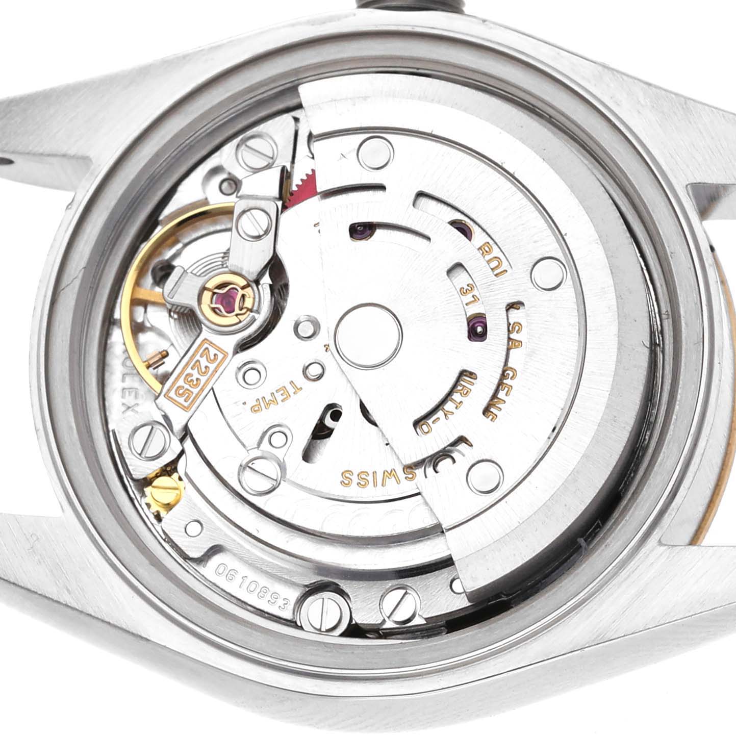 This image shows the movement mechanism of a Rolex Datejust 79173 Women's Stainless Steel Champagne Dial watch from a top-down view.