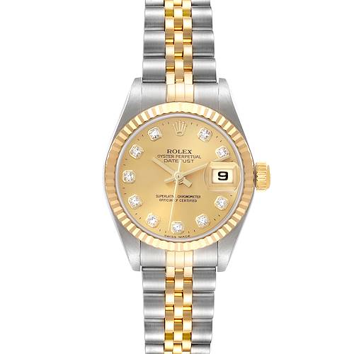 The Rolex Datejust 79173 Women's Stainless Steel Champagne Dial watch is shown from the front, highlighting the dial, bezel, and jubilee bracelet.