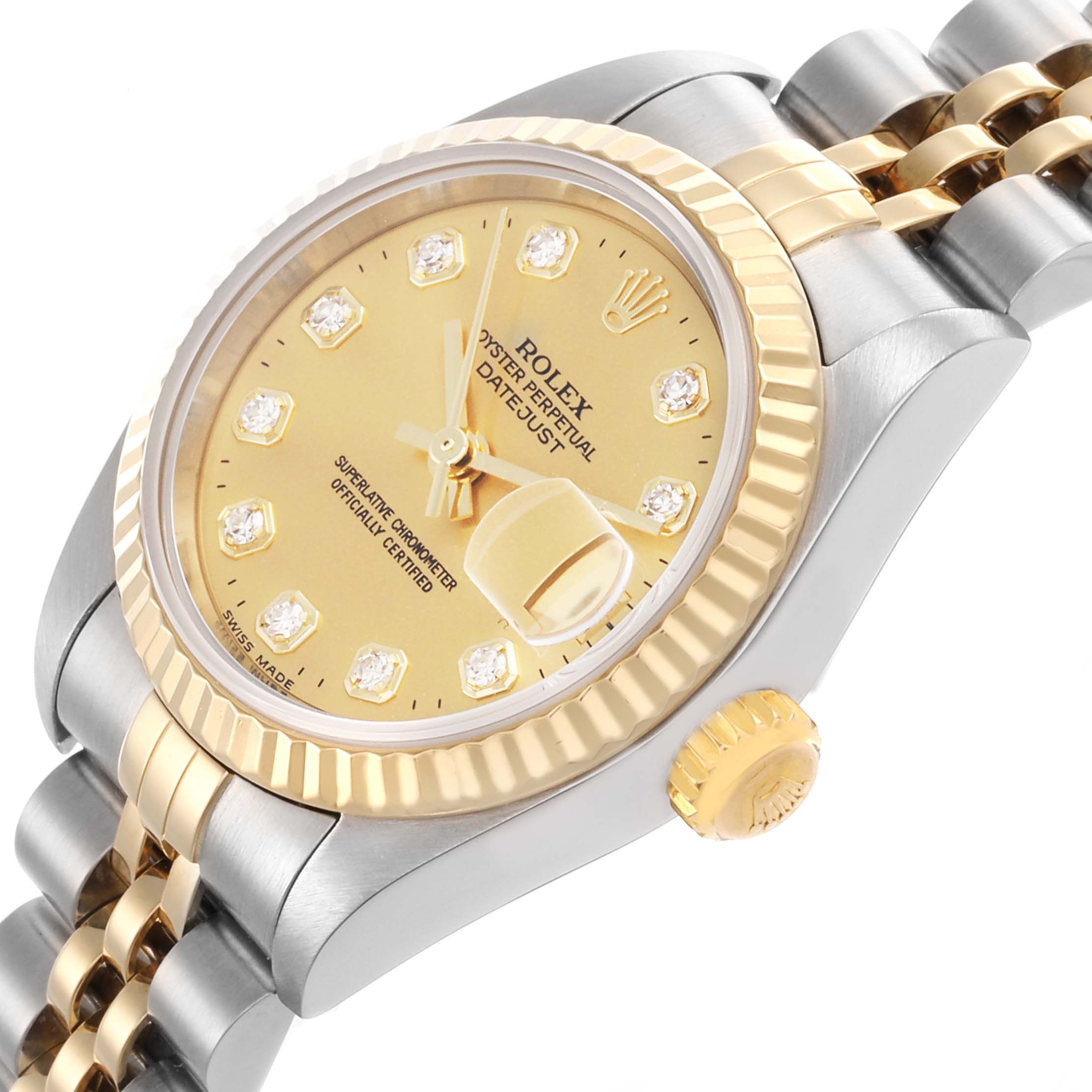 The Rolex Datejust 79173 Women's Stainless Steel Champagne Dial watch is shown at a slight angle, highlighting the dial, bezel, crown, and part of the bracelet.