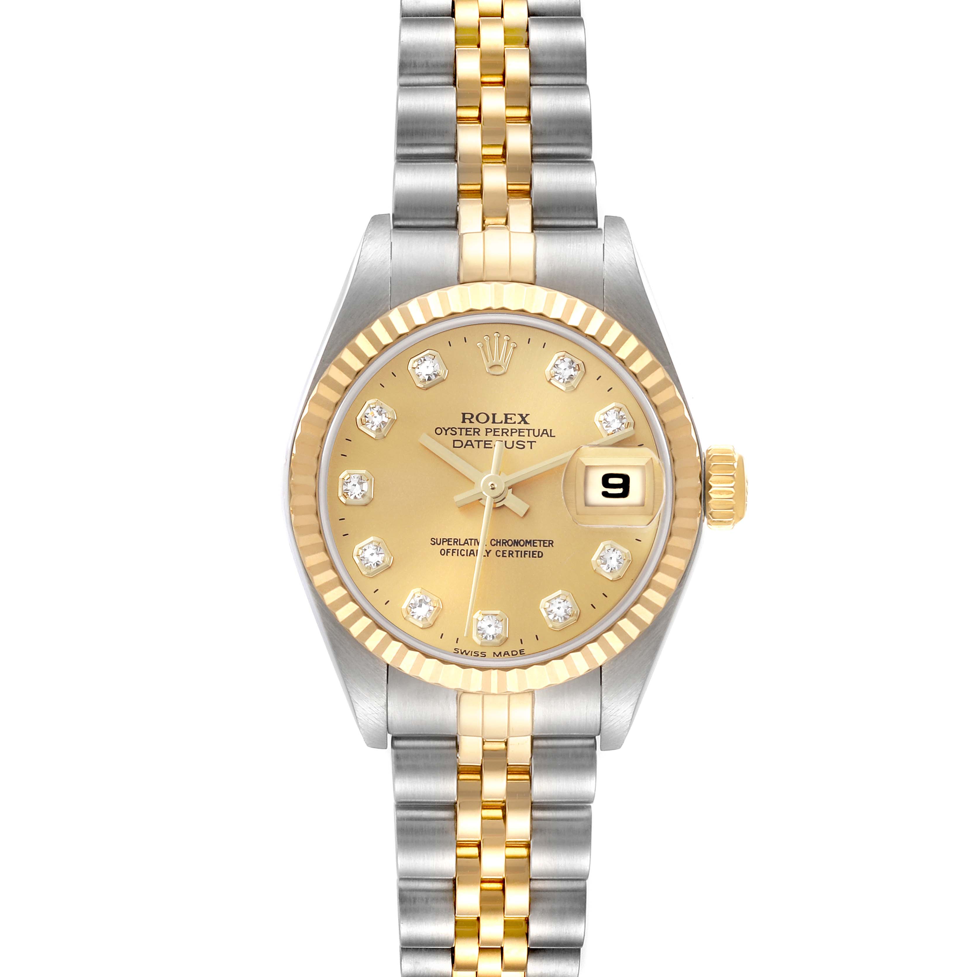 The Rolex Datejust 79173 Women's Stainless Steel Champagne Dial watch is shown from a top-down angle, highlighting its two-tone strap, gold dial, and fluted bezel.