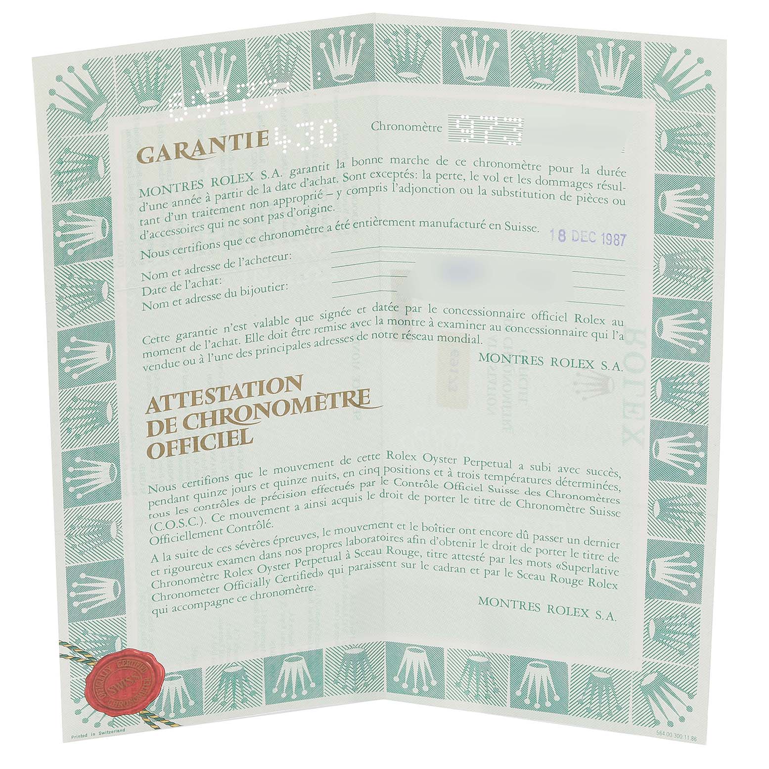 This image shows a warranty and chronometer certification document for a Rolex Datejust 69173 Women's Steel and Gold (two tone) Champagne Dial 69173 Women's Steel and Gold (two tone) Champagne Dial watch.