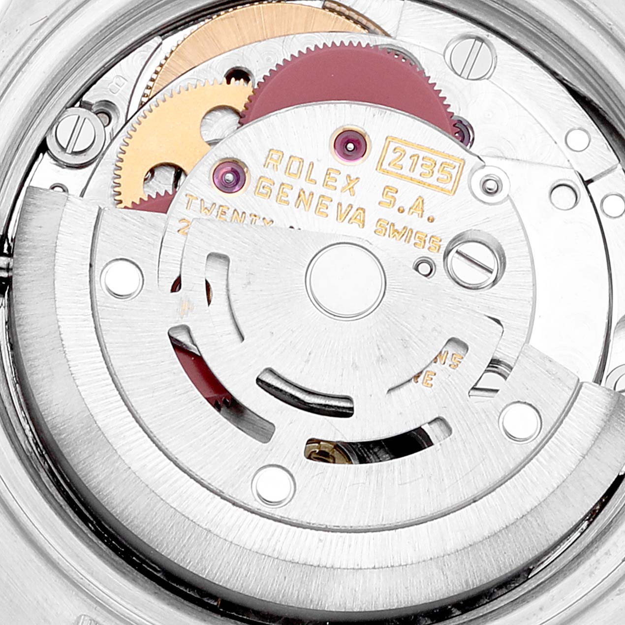 This image shows a close-up view of the movement mechanism of a Rolex Datejust 69173 Women's Steel and Gold (two tone) Champagne Dial 69173 Women's Steel and Gold (two tone) Champagne Dial watch.