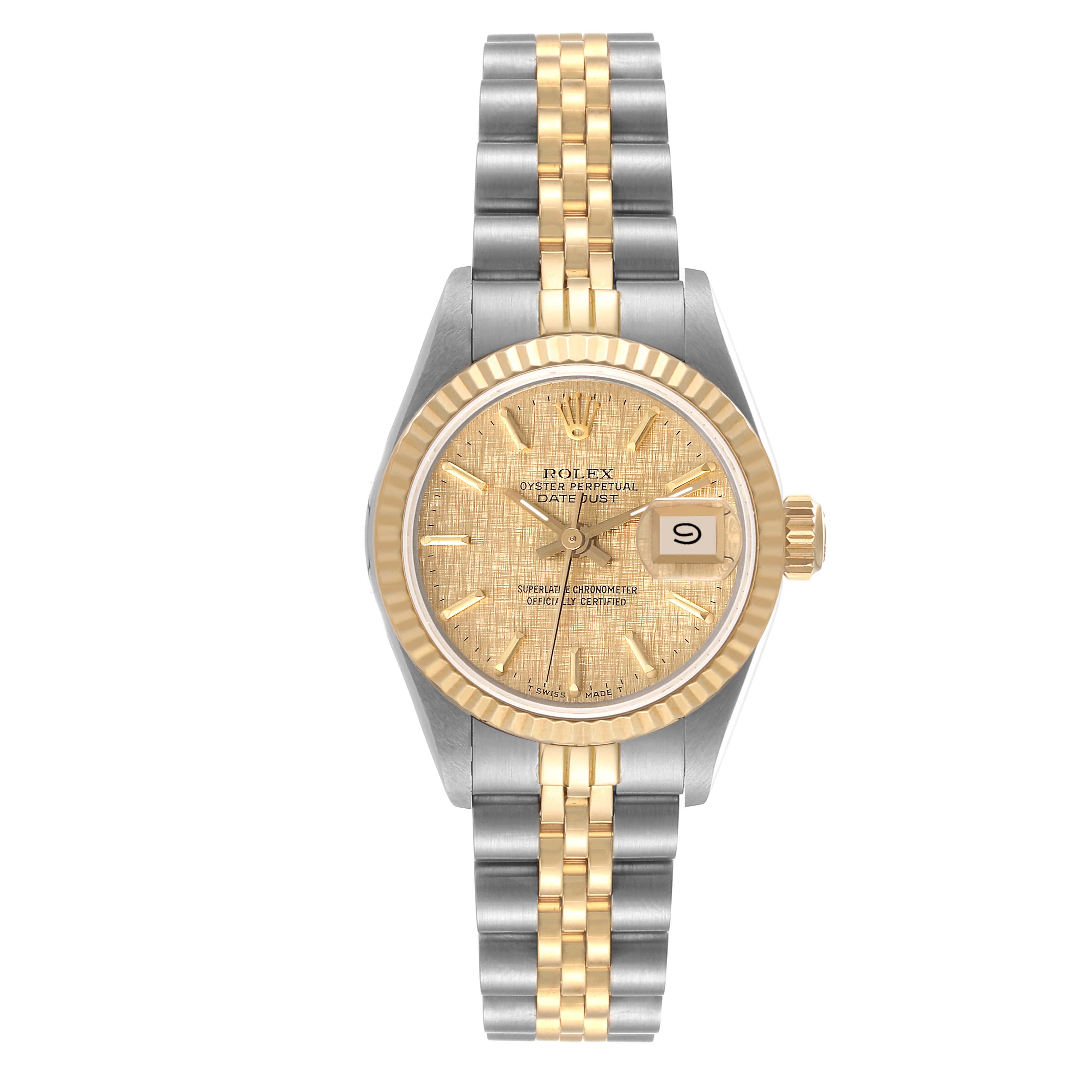 This image shows a Rolex Datejust 69173 Women's Steel and Gold (two tone) Champagne Dial 69173 Women's Steel and Gold (two tone) Champagne Dial watch with a two-tone bracelet, gold dial, and fluted bezel, viewed from the front.