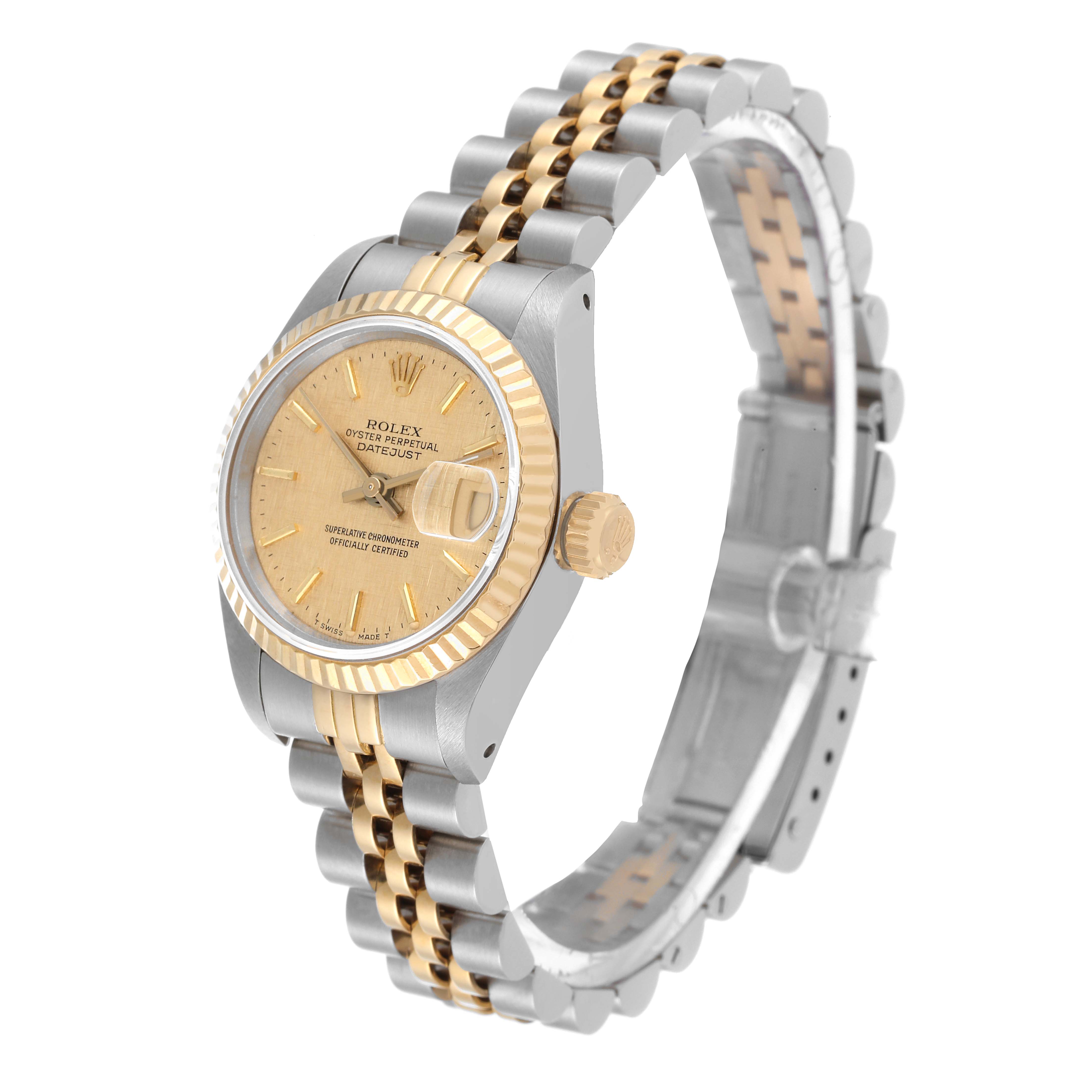 The image shows a side angle view of a Rolex Datejust 69173 Women's Steel and Gold (two tone) Champagne Dial 69173 Women's Steel and Gold (two tone) Champagne Dial watch, featuring its two-tone jubilee bracelet, fluted bezel, and champagne dial.