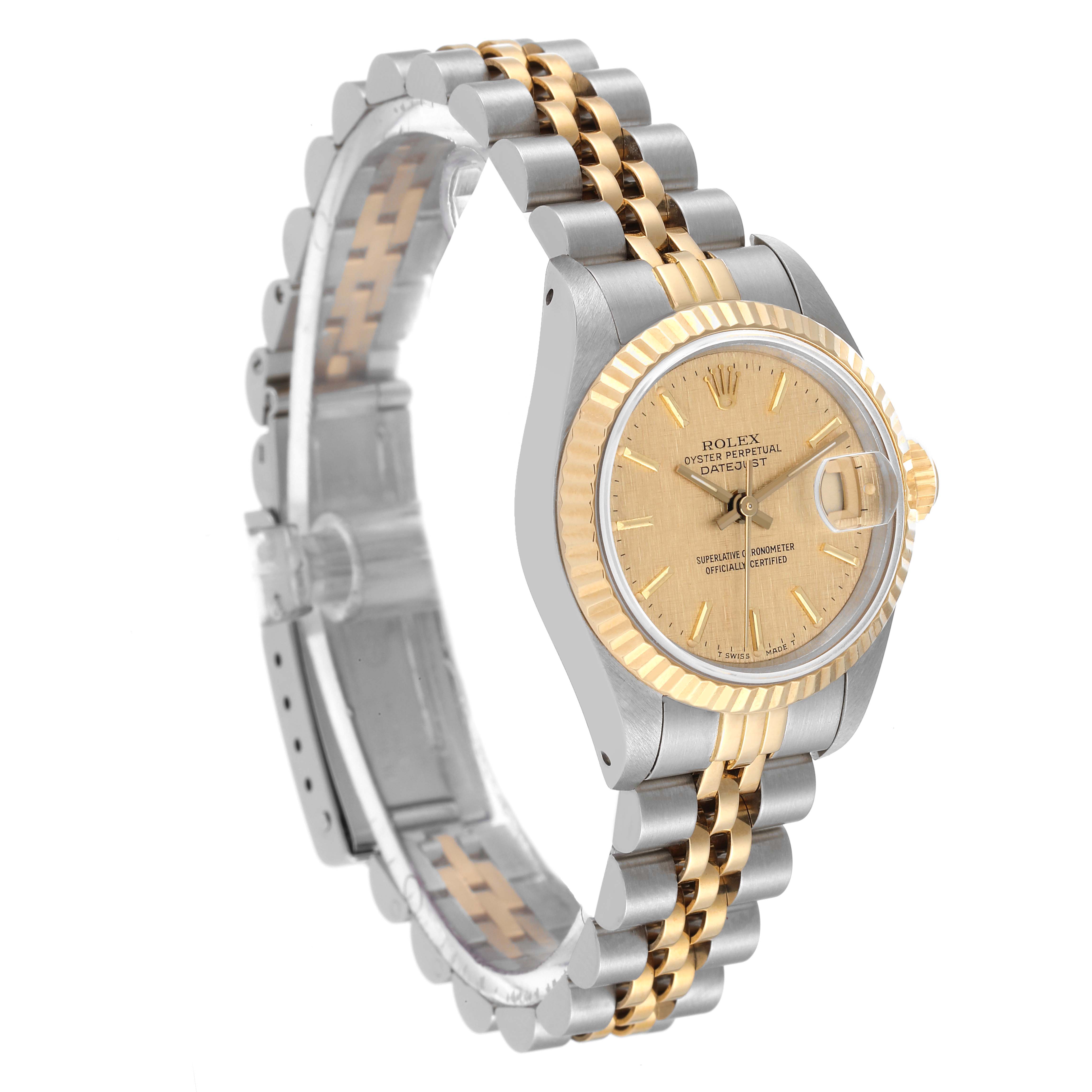 This image shows a Rolex Datejust 69173 Women's Steel and Gold (two tone) Champagne Dial 69173 Women's Steel and Gold (two tone) Champagne Dial watch at a slight angle, highlighting the face, bezel, and two-tone bracelet.