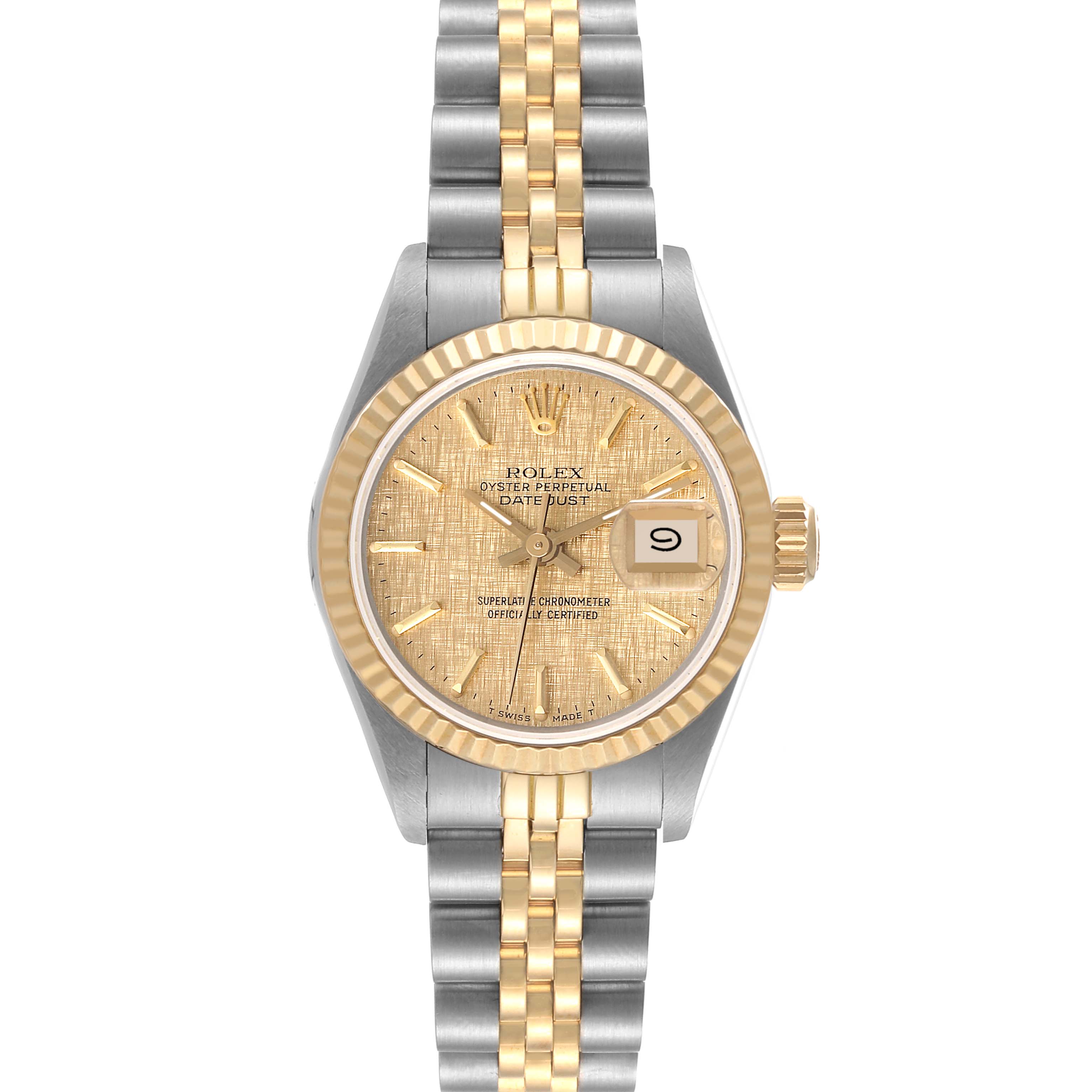 This image shows a frontal view of a Rolex Datejust 69173 Women's Steel and Gold (two tone) Champagne Dial 69173 Women's Steel and Gold (two tone) Champagne Dial watch with a gold dial, two-tone bracelet, fluted bezel, and date display.