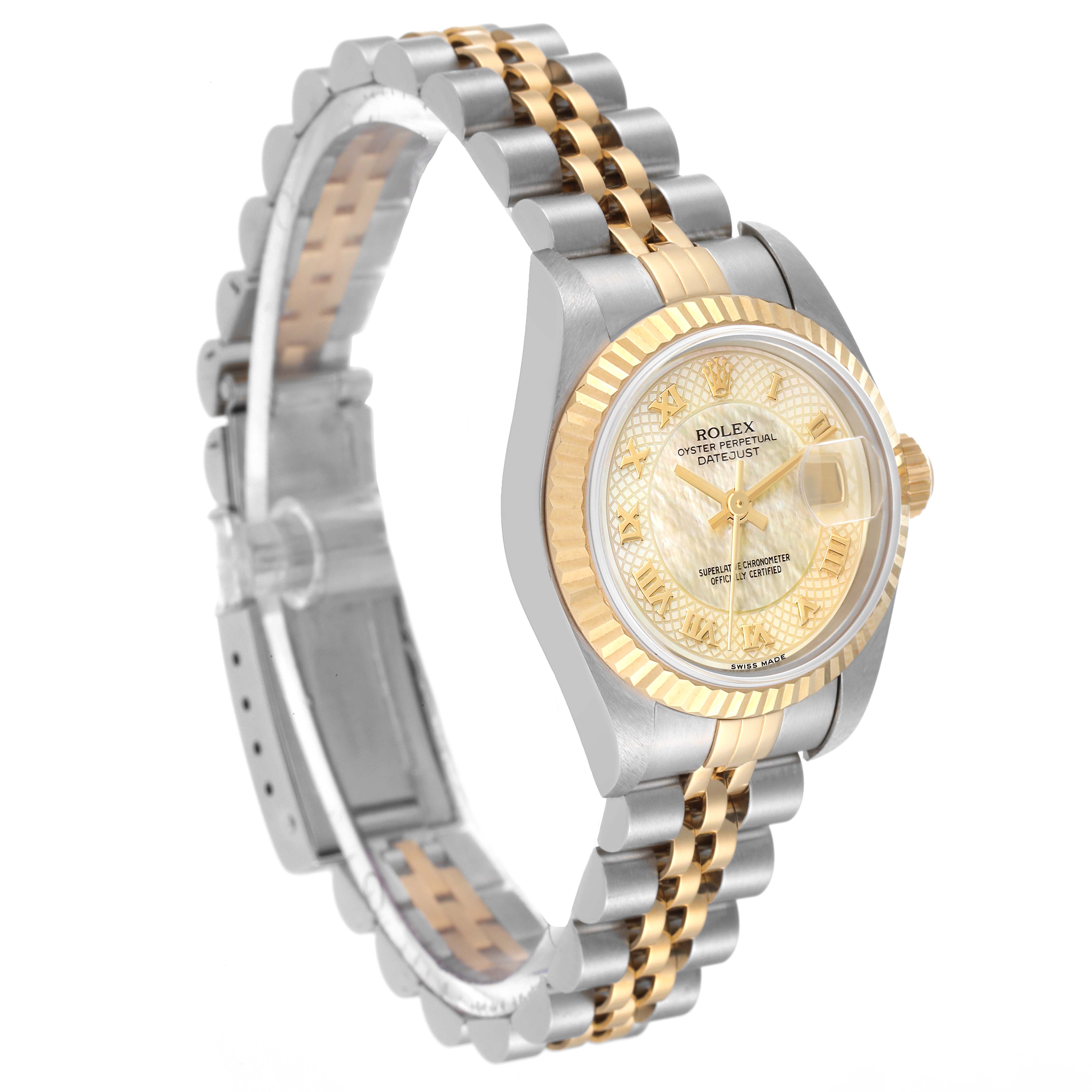 This image shows a Rolex Datejust 79173 Women's Steel and Gold (two tone) Mother of Pearl Dial 79173 Women's Steel and Gold (two tone) Mother of Pearl Dial watch at a three-quarter angle, highlighting its dial, bezel, and two-tone bracelet.