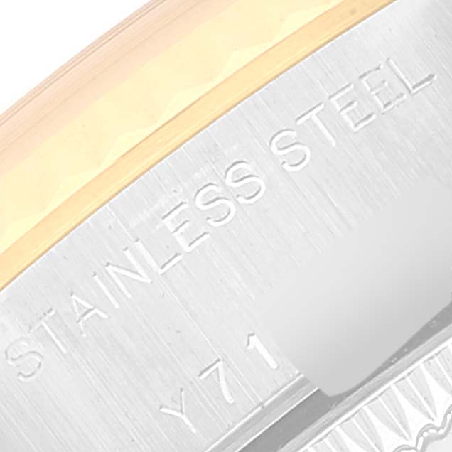 The close-up image shows the engraved stainless steel case back of a Rolex Datejust 79173 Women's Steel and Gold (two tone) Mother of Pearl Dial 79173 Women's Steel and Gold (two tone) Mother of Pearl Dial watch.