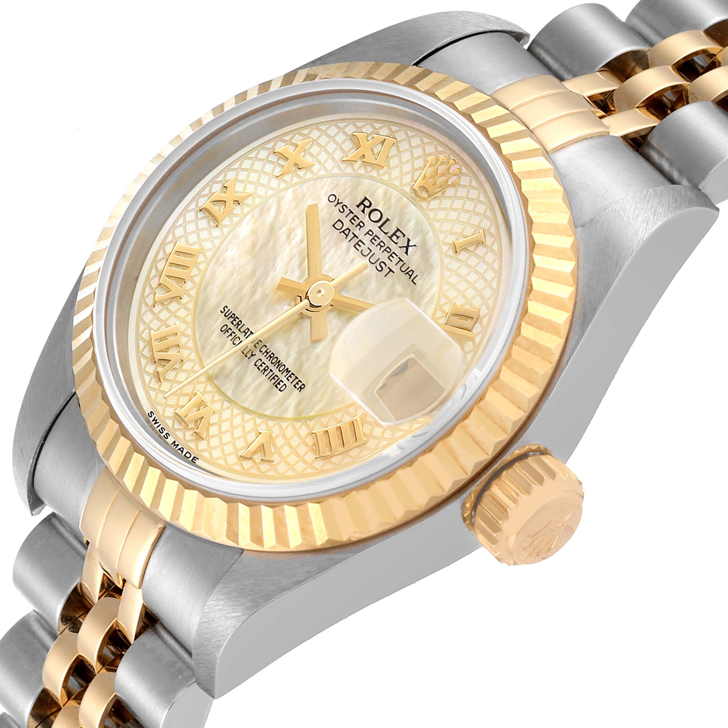 This is a close-up view of the Rolex Datejust 79173 Women's Steel and Gold (two tone) Mother of Pearl Dial 79173 Women's Steel and Gold (two tone) Mother of Pearl Dial watch showing the dial, bezel, crown, and part of the bracelet.