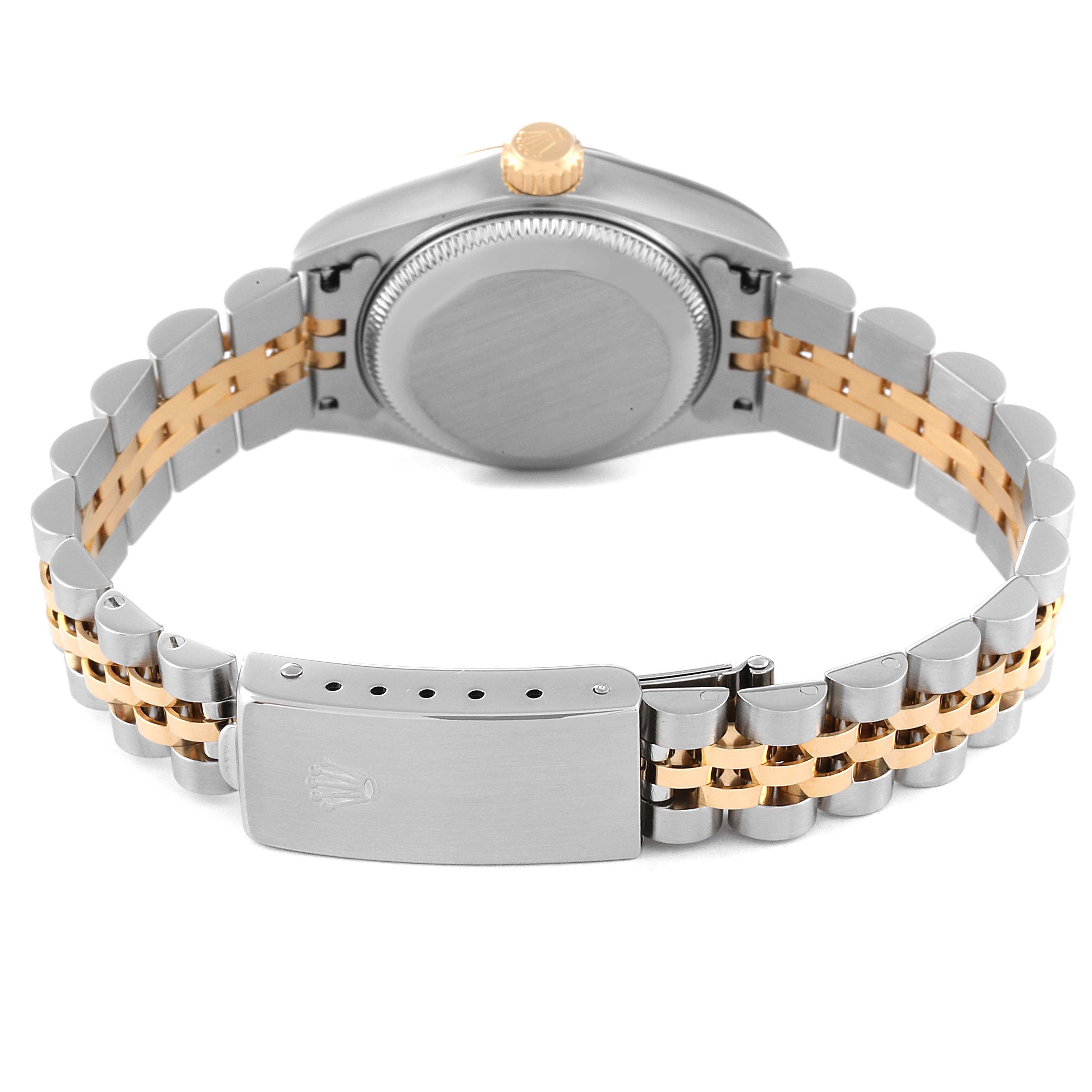 This image shows the back view of a Rolex Datejust 79173 Women's Steel and Gold (two tone) Mother of Pearl Dial 79173 Women's Steel and Gold (two tone) Mother of Pearl Dial watch, highlighting its bracelet and clasp.