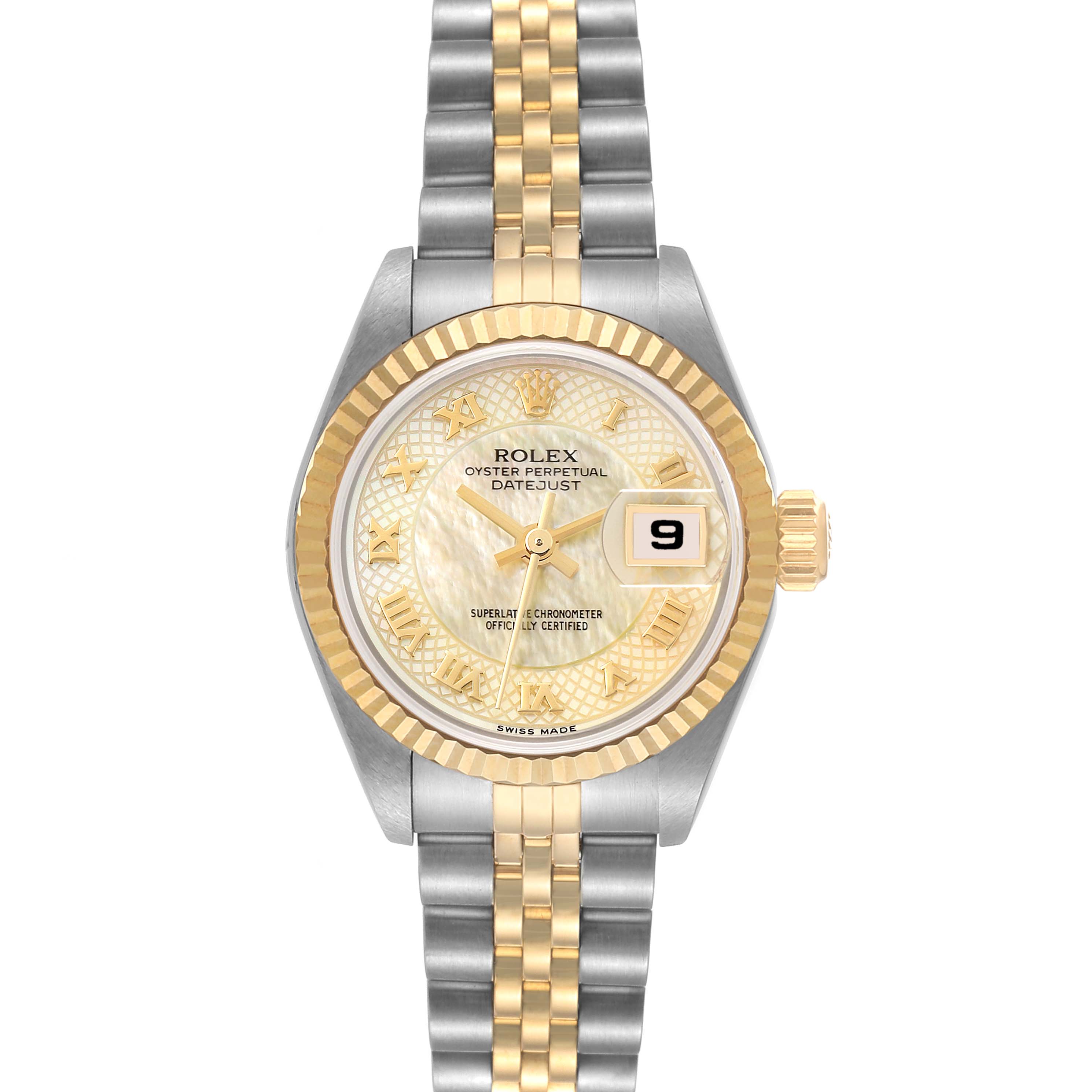 The Rolex Datejust 79173 Women's Steel and Gold (two tone) Mother of Pearl Dial 79173 Women's Steel and Gold (two tone) Mother of Pearl Dial watch is shown from a top-down angle, displaying the dial, bezel, and bracelet clearly.