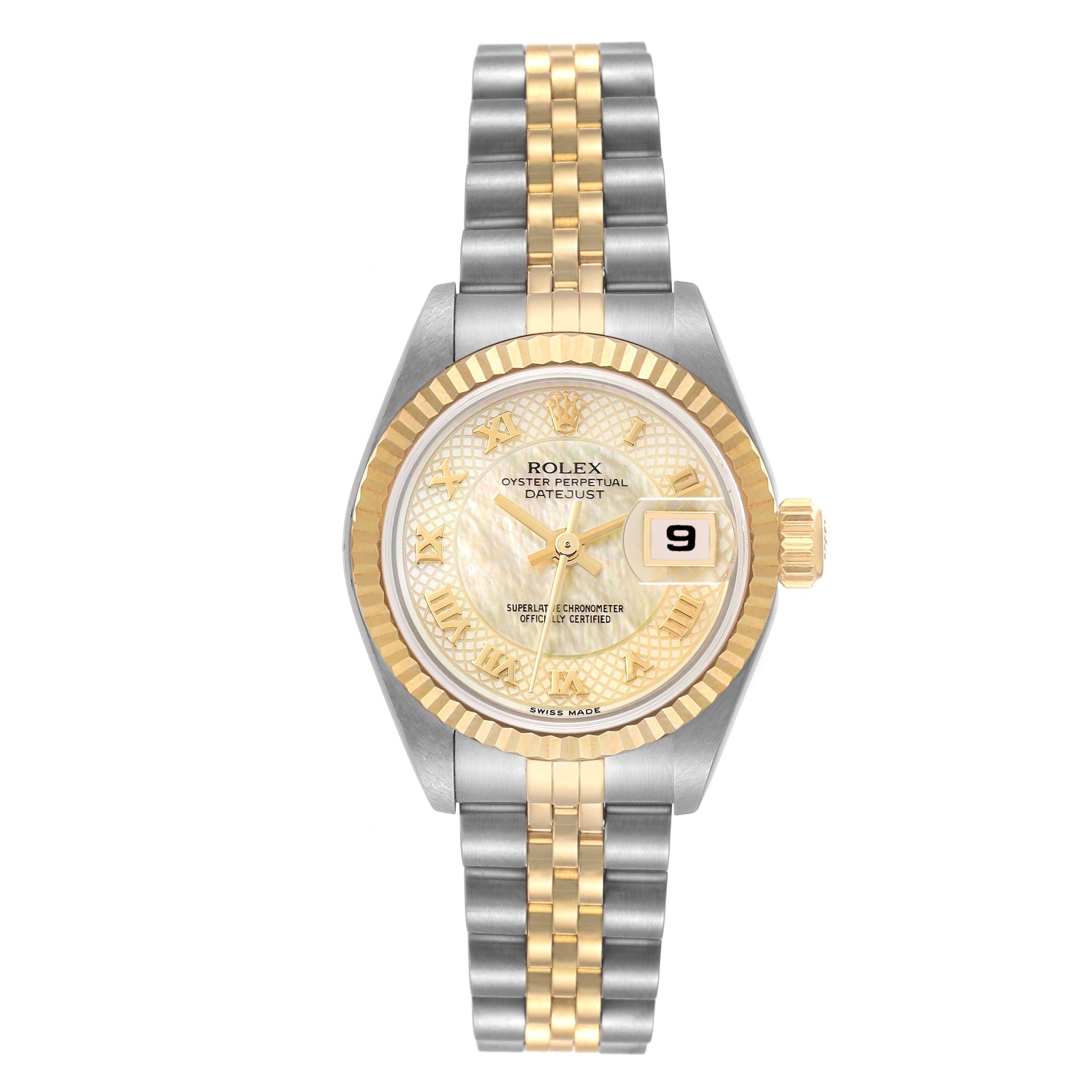 The image shows a Rolex Datejust 79173 Women's Steel and Gold (two tone) Mother of Pearl Dial 79173 Women's Steel and Gold (two tone) Mother of Pearl Dial watch from a top-down angle, highlighting its dial, bezel, and two-tone bracelet.