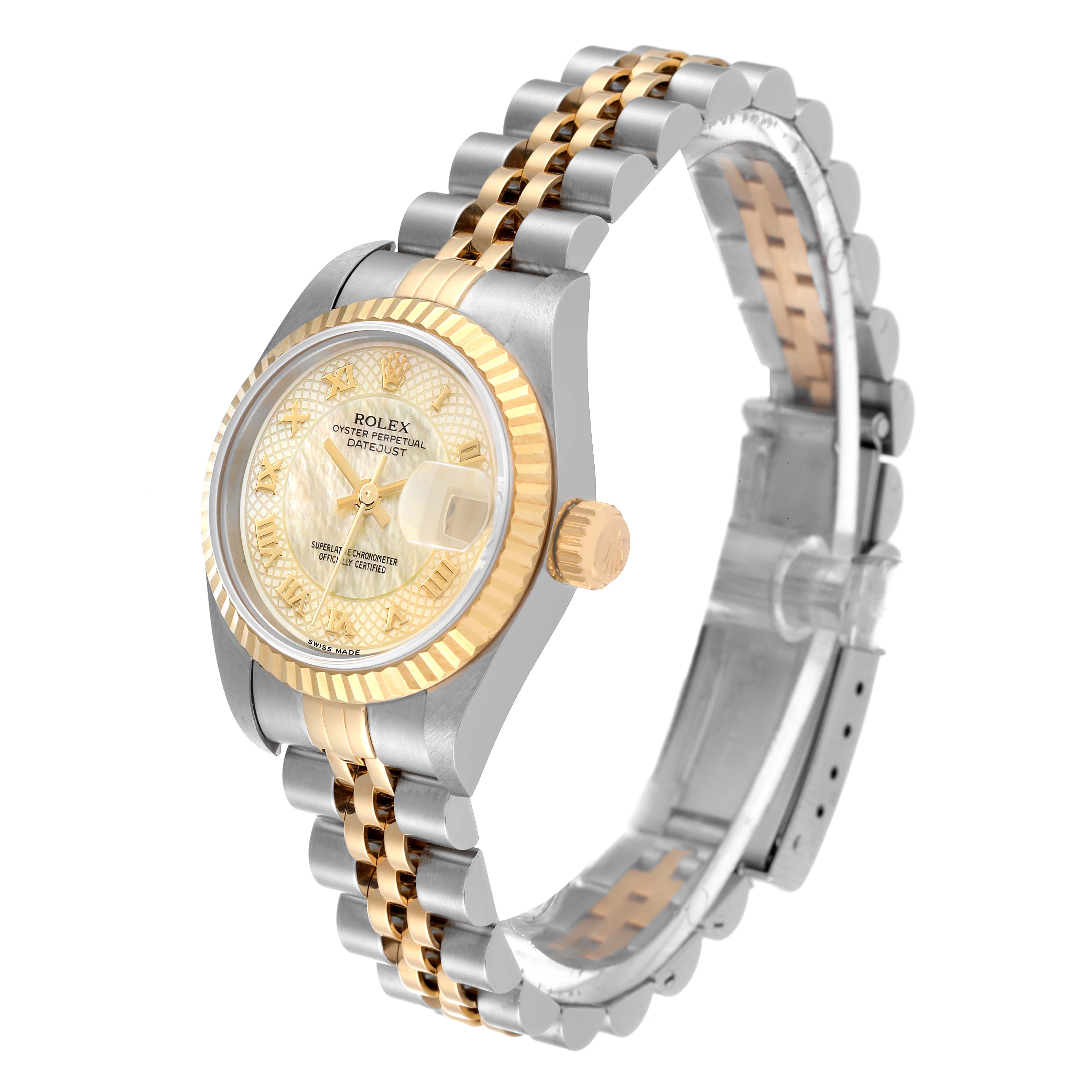 The Rolex Datejust 79173 Women's Steel and Gold (two tone) Mother of Pearl Dial 79173 Women's Steel and Gold (two tone) Mother of Pearl Dial watch is shown at an angle highlighting the case, dial, fluted bezel, and two-tone bracelet.