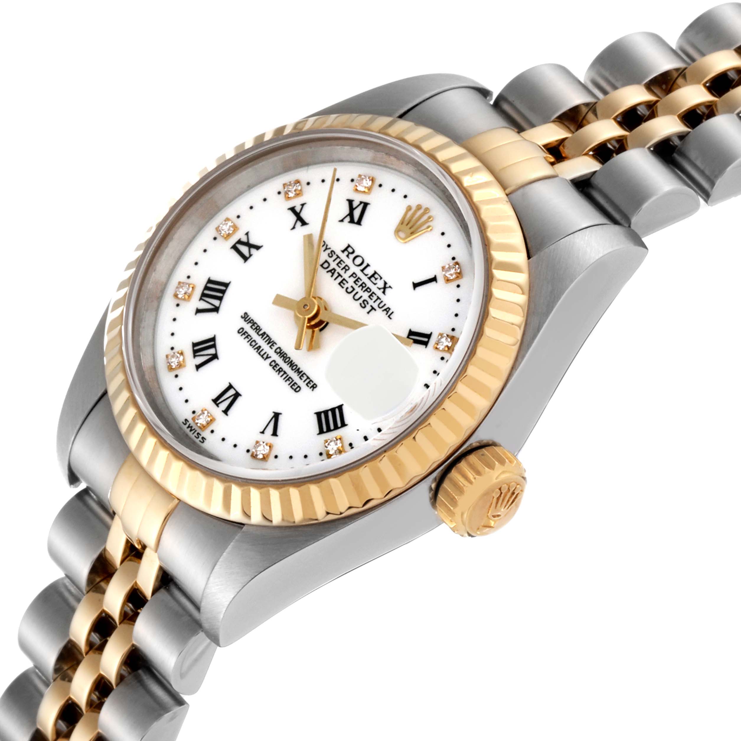 The image shows a Rolex Datejust 69173G Women's Steel and Gold (two tone) White Dial 69173G Women's Steel and Gold (two tone) White Dial watch from an angled view, highlighting the dial, crown, and part of the bracelet.