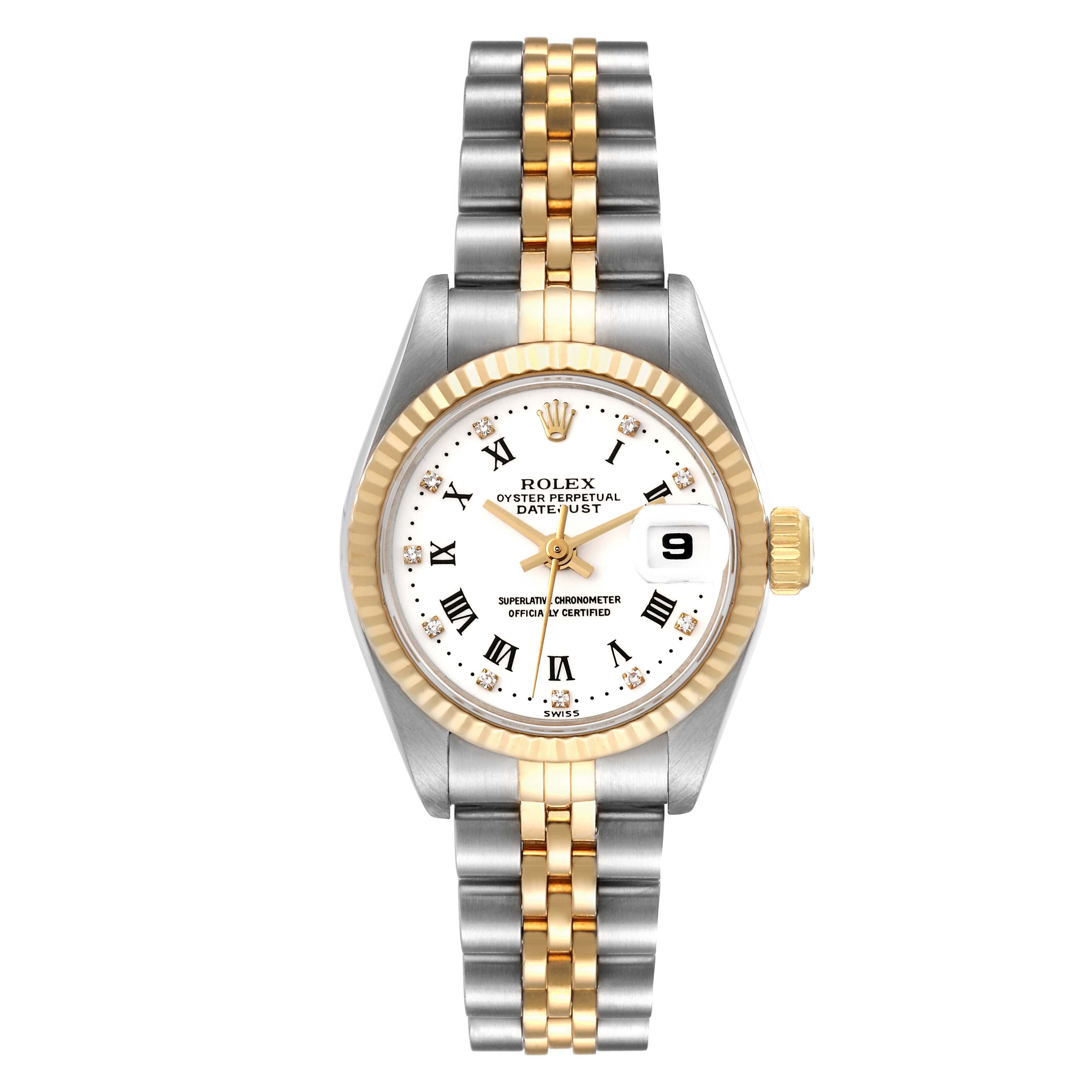 This image shows a front view of a Rolex Datejust 69173G Women's Steel and Gold (two tone) White Dial 69173G Women's Steel and Gold (two tone) White Dial watch, highlighting its face, bezel, crown, and bracelet.