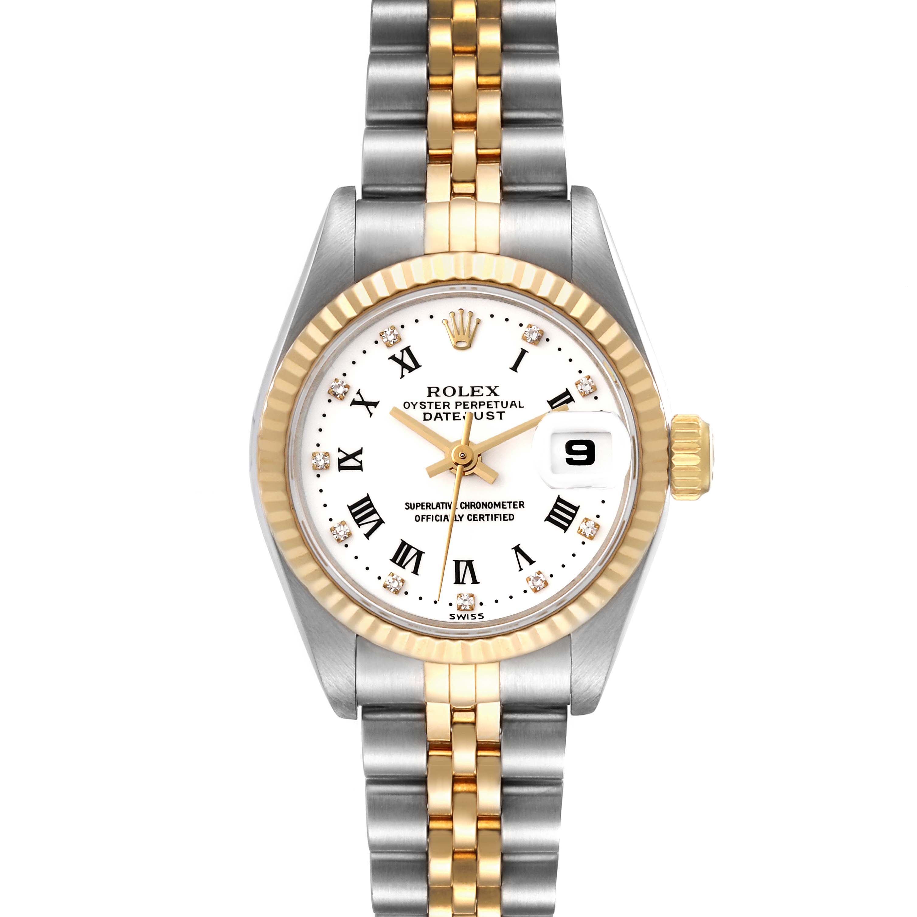 The image shows the front view of a Rolex Datejust 69173G Women's Steel and Gold (two tone) White Dial 69173G Women's Steel and Gold (two tone) White Dial watch with a two-tone bracelet, fluted bezel, and white dial with Roman numerals.