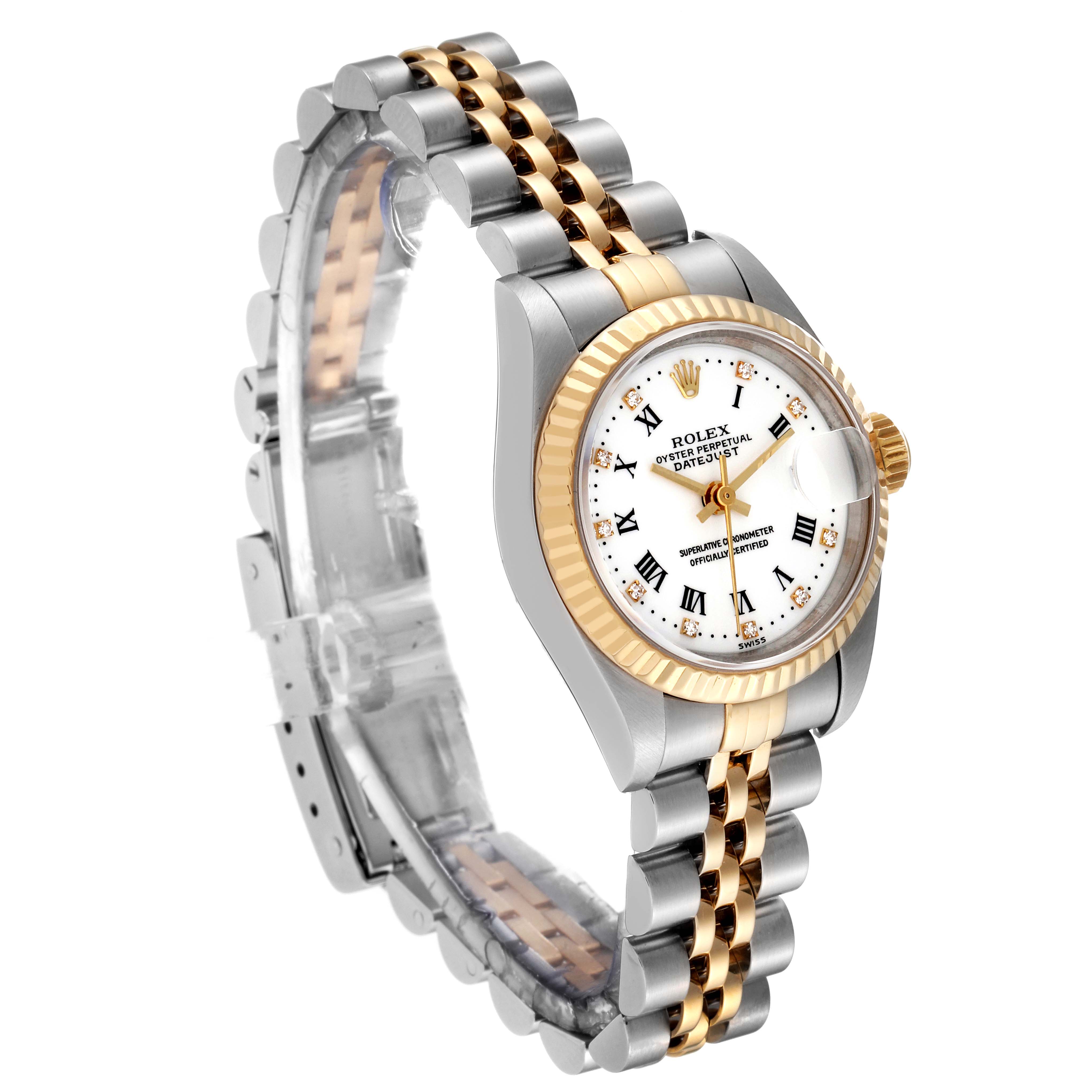 The image shows a Rolex Datejust 69173G Women's Steel and Gold (two tone) White Dial 69173G Women's Steel and Gold (two tone) White Dial watch at a three-quarter angle, highlighting the two-tone bracelet, fluted bezel, and white Roman numeral dial.